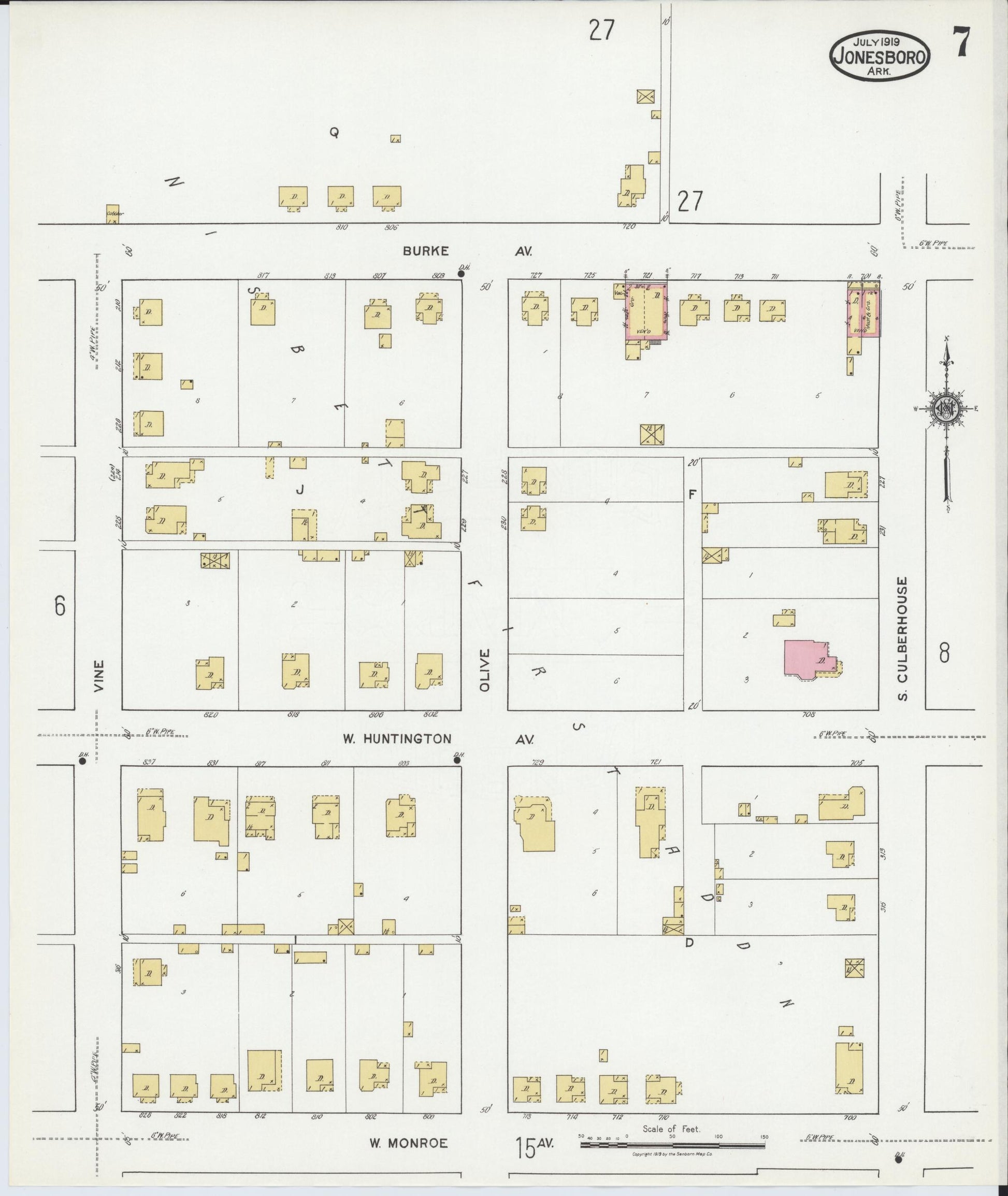 Sanborn Fire Insurance Map from Jonesboro, Craighead County, Arkansas (1919), Sheet #0007 - Complete Map Set gallery image, historic Sanborn map, vintage wall art, Arkansas Arkansas