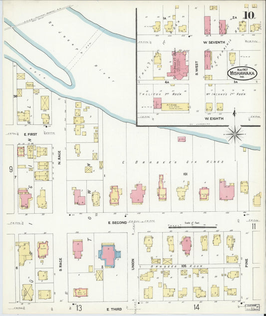 Sanborn Fire Insurance Map from Mishawaka, Saint Joseph County, Indiana (1907), Sheet #0010 - Historic Sanborn Fire Insurance Map Print, vintage old map wall art, antique decor, genealogy gift, Indiana Indiana map