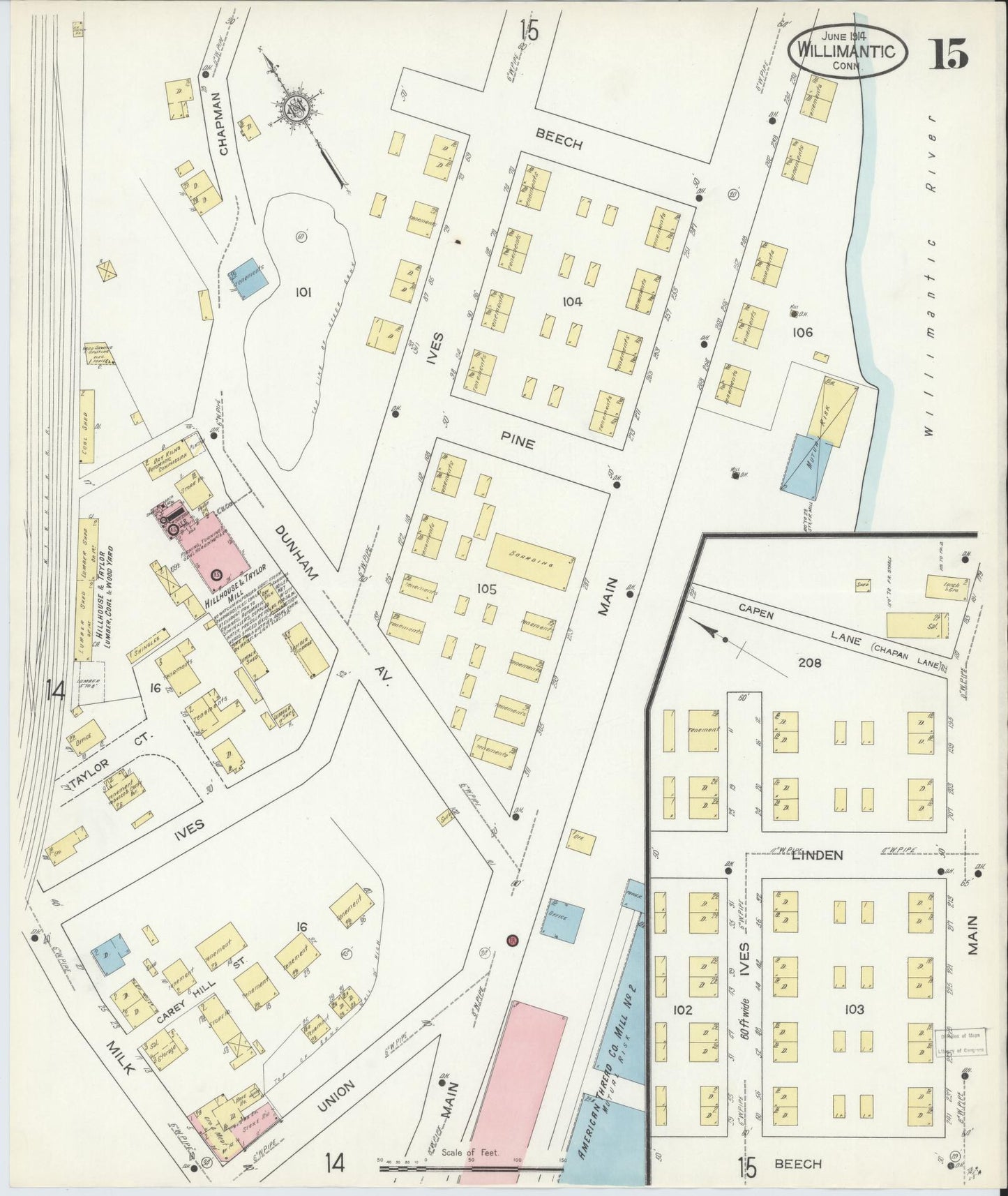 Sanborn Fire Insurance Map from Willimantic, Windham County, Connecticut (1914), Sheet #0015 - Historic Sanborn Fire Insurance Map Print, vintage old map wall art, antique decor, genealogy gift, Connecticut Connecticut map