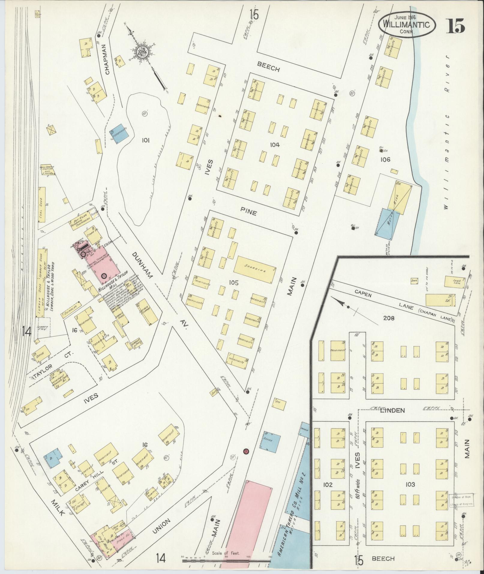 Sanborn Fire Insurance Map from Willimantic, Windham County, Connecticut (1914), Sheet #0015 - Historic Sanborn Fire Insurance Map Print, vintage old map wall art, antique decor, genealogy gift, Connecticut Connecticut map