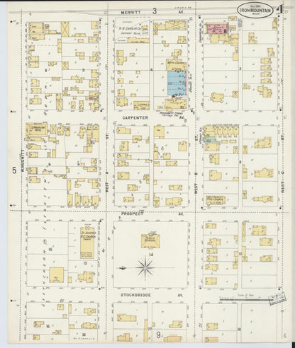 Sanborn Fire Insurance Map from Iron Mountain, Dickinson County, Michigan (1897), Sheet #0004 - Historic Sanborn Fire Insurance Map Print, vintage old map wall art, antique decor, genealogy gift, Michigan Michigan map