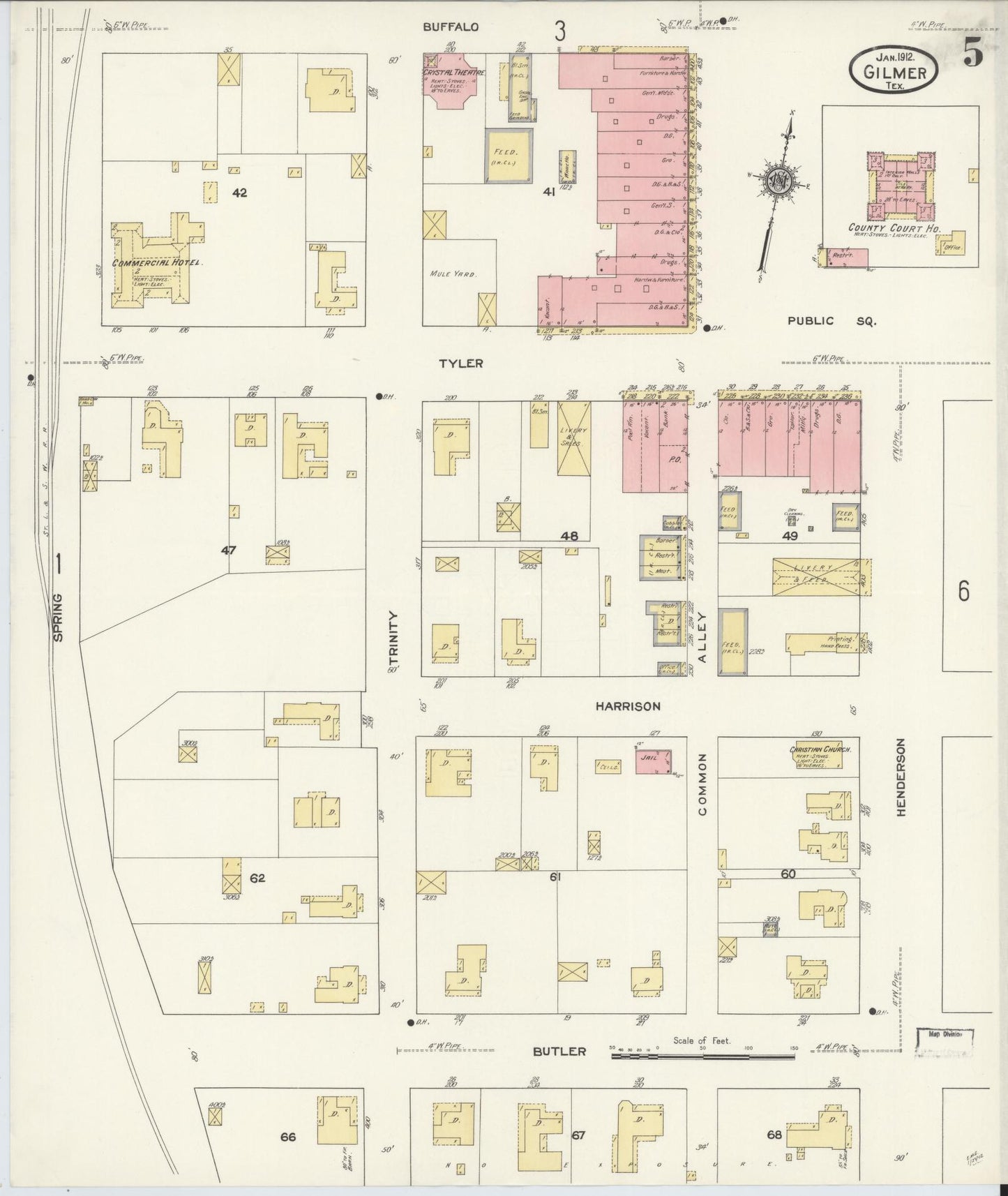 Sanborn Fire Insurance Map from Gilmer, Upshur County, Texas (1912), Sheet #0005 - Complete Map Set gallery image, historic Sanborn map, vintage wall art, Texas Texas