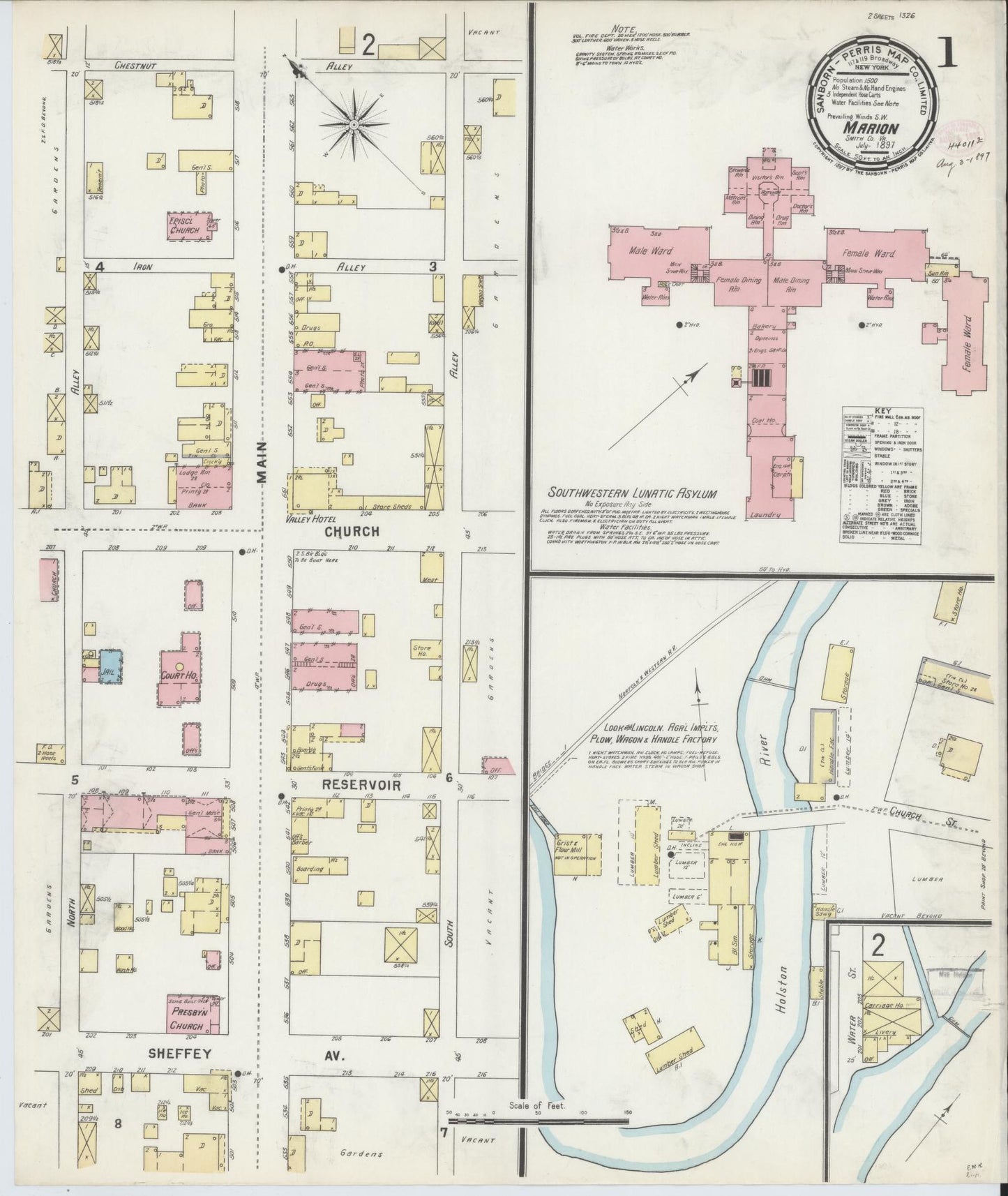 Sanborn Fire Insurance Map from Marion, Smyth County, Virginia (1897), Sheet #0001 - Complete Map Set gallery image, historic Sanborn map, vintage wall art, Virginia Virginia