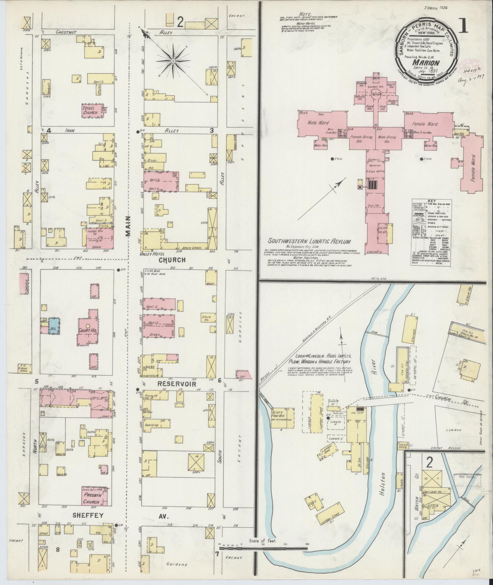 Sanborn Fire Insurance Map from Marion, Smyth County, Virginia (1897), Sheet #0001 - Complete Map Set gallery image, historic Sanborn map, vintage wall art, Virginia Virginia