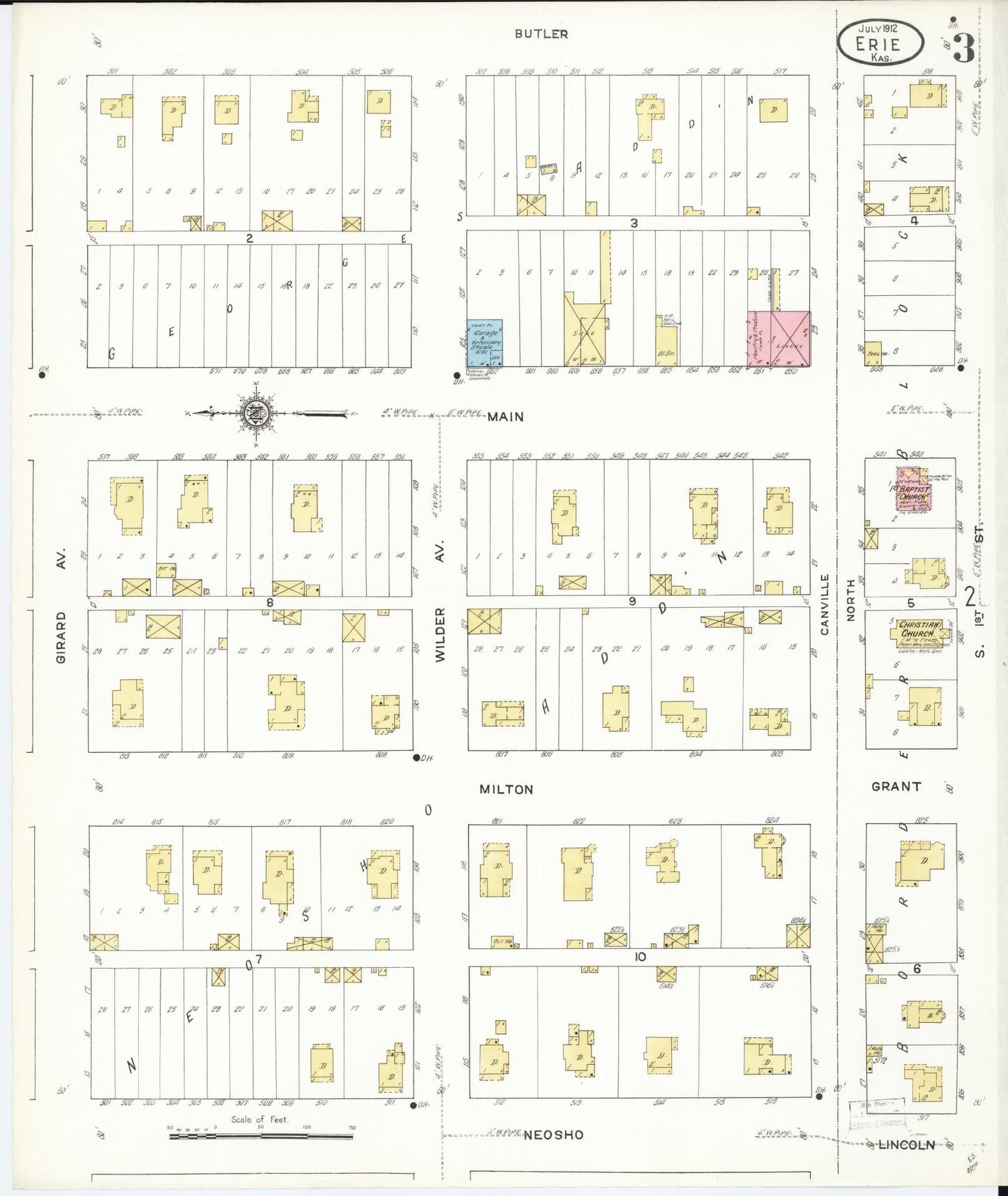 Sanborn Fire Insurance Map from Erie, Neosho County, Kansas (1912), Sheet #0003 - Complete Map Set gallery image, historic Sanborn map, vintage wall art, Kansas Kansas
