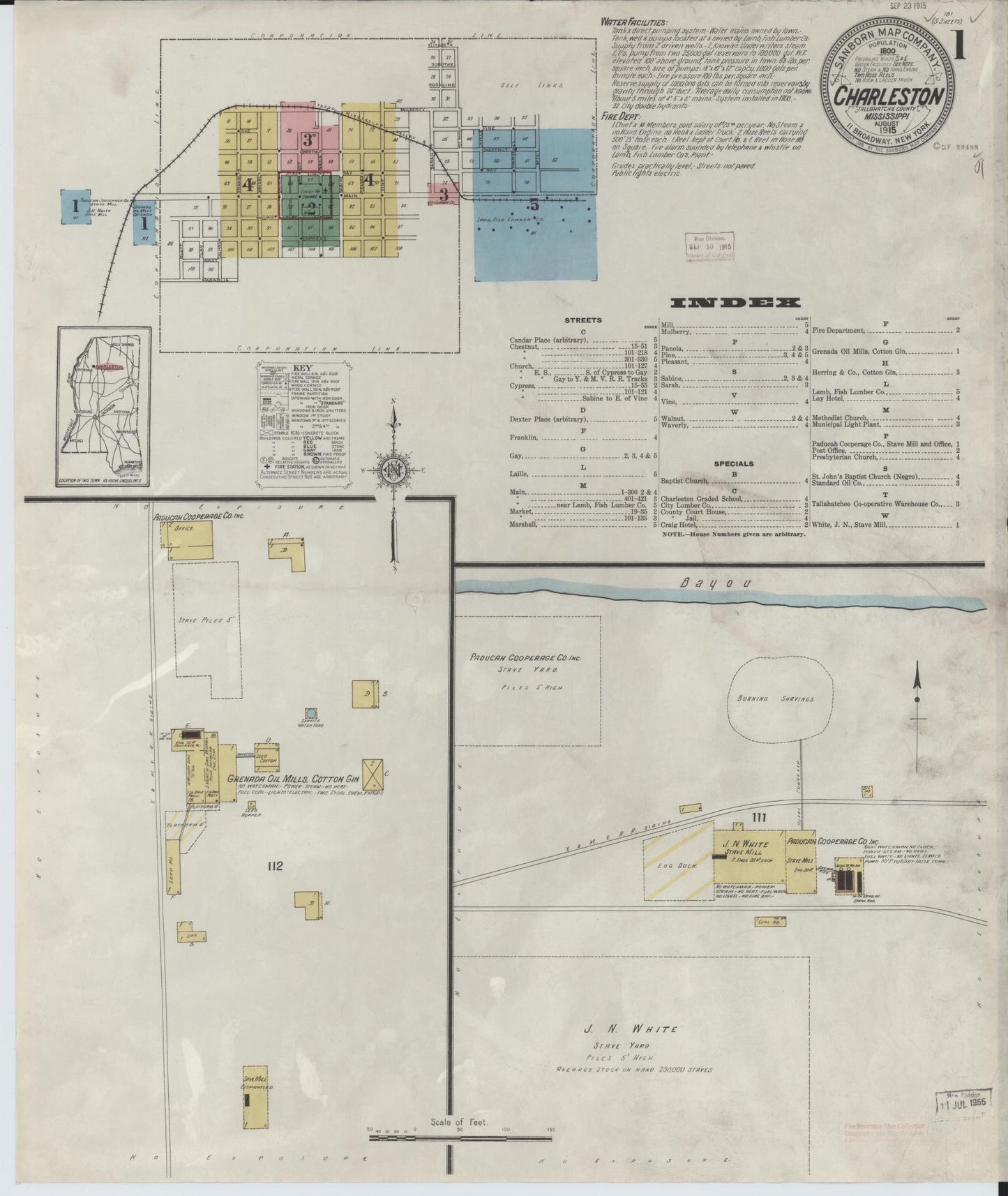 Sanborn Fire Insurance Map from Charleston, Tallahatchie County, Mississippi (1915), Sheet #0001 - Historic Sanborn Fire Insurance Map Print, vintage old map wall art, antique decor, genealogy gift, Mississippi Mississippi map
