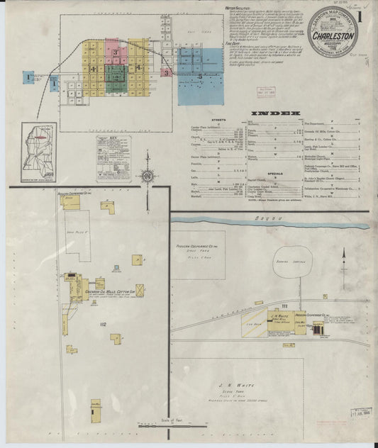 Sanborn Fire Insurance Map from Charleston, Tallahatchie County, Mississippi (1915), Sheet #0001 - Historic Sanborn Fire Insurance Map Print, vintage old map wall art, antique decor, genealogy gift, Mississippi Mississippi map