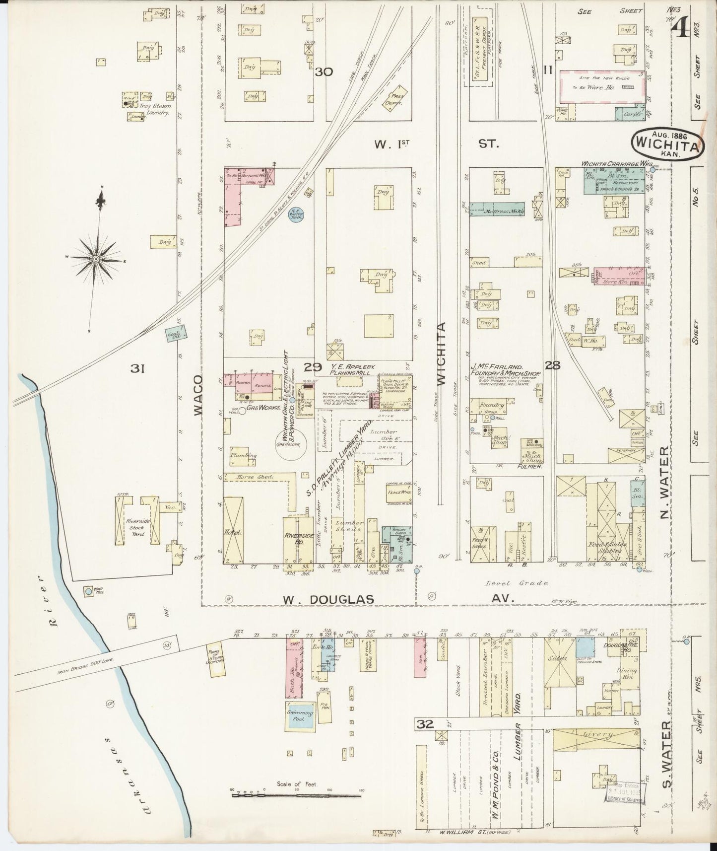 Sanborn Fire Insurance Map from Wichita, Sedgwick County, Kansas (1886), Sheet #0004 - Historic Sanborn Fire Insurance Map Print, vintage old map wall art, antique decor, genealogy gift, Kansas Kansas map