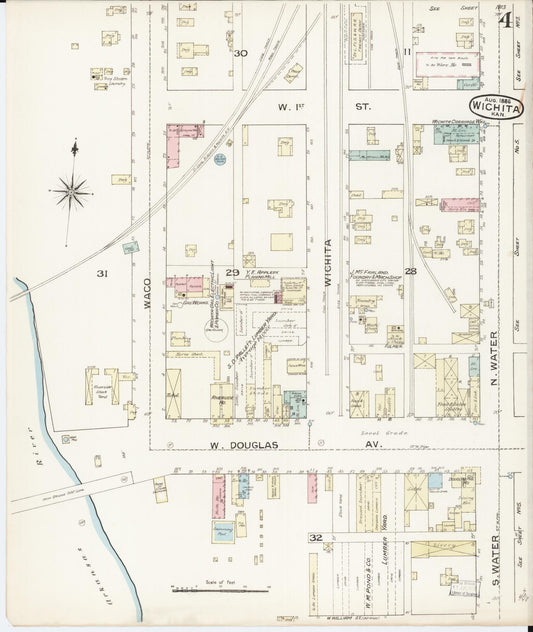 Sanborn Fire Insurance Map from Wichita, Sedgwick County, Kansas (1886), Sheet #0004 - Historic Sanborn Fire Insurance Map Print, vintage old map wall art, antique decor, genealogy gift, Kansas Kansas map
