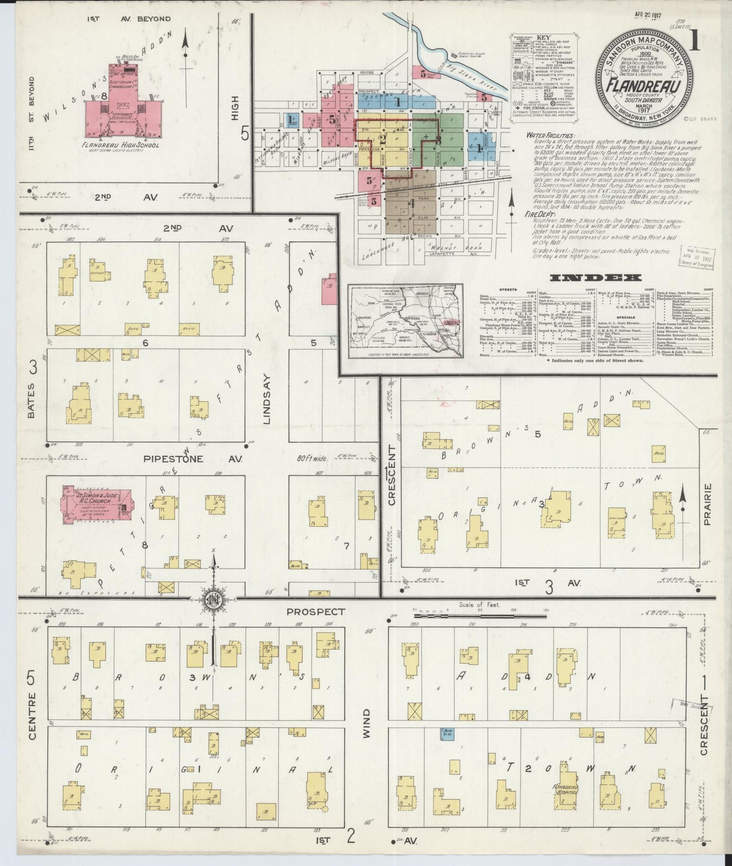 Sanborn Fire Insurance Map from Flandreau, Moody County, South Dakota (1917), Sheet #0001 - Complete Map Set gallery image, historic Sanborn map, vintage wall art, South Dakota South Dakota