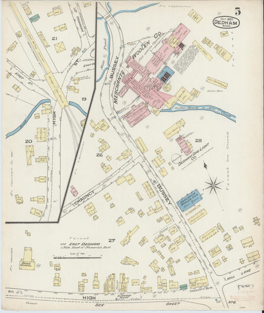 Sanborn Fire Insurance Map from Dedham, Norfolk County, Massachusetts (1885), Sheet #0005 - Historic Sanborn Fire Insurance Map Print, vintage old map wall art, antique decor, genealogy gift, Massachusetts Massachusetts map