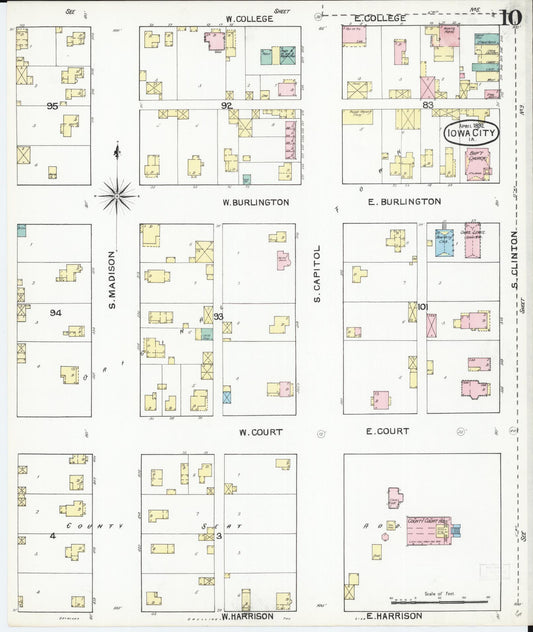 Sanborn Fire Insurance Map from Iowa City, Johnson County, Iowa (1892), Sheet #0010 - Historic Sanborn Fire Insurance Map Print, vintage old map wall art