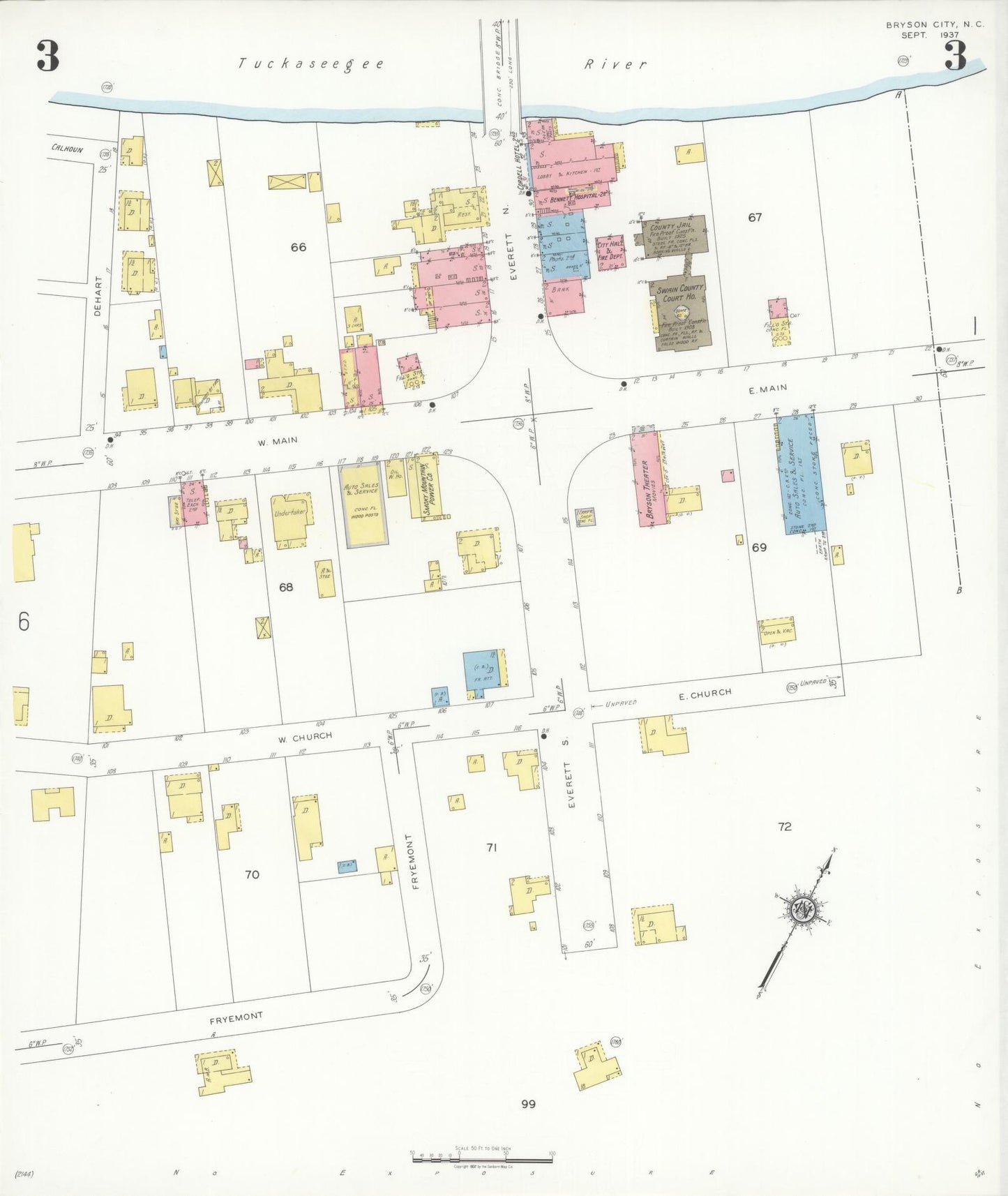 Sanborn Fire Insurance Map from Bryson City, Swain County, North Carolina (1937), Sheet #0003 - Complete Map Set gallery image, historic Sanborn map, vintage wall art, North Carolina North Carolina