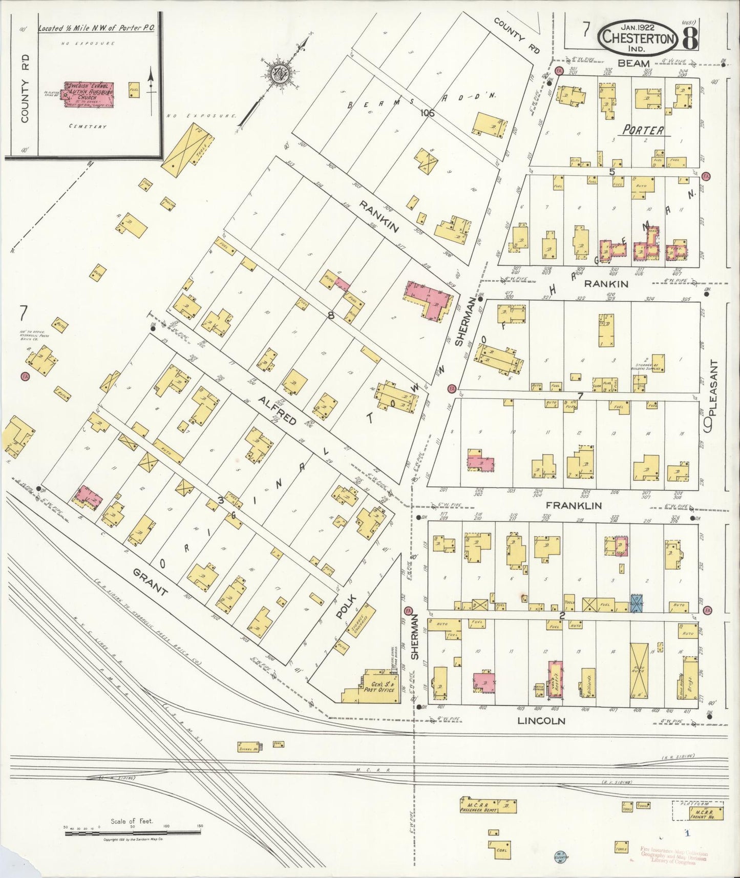 Sanborn Fire Insurance Map from Chesterton, Porter County, Indiana (1922), Sheet #0008 - Historic Sanborn Fire Insurance Map Print, vintage old map wall art, antique decor, genealogy gift, Indiana Indiana map