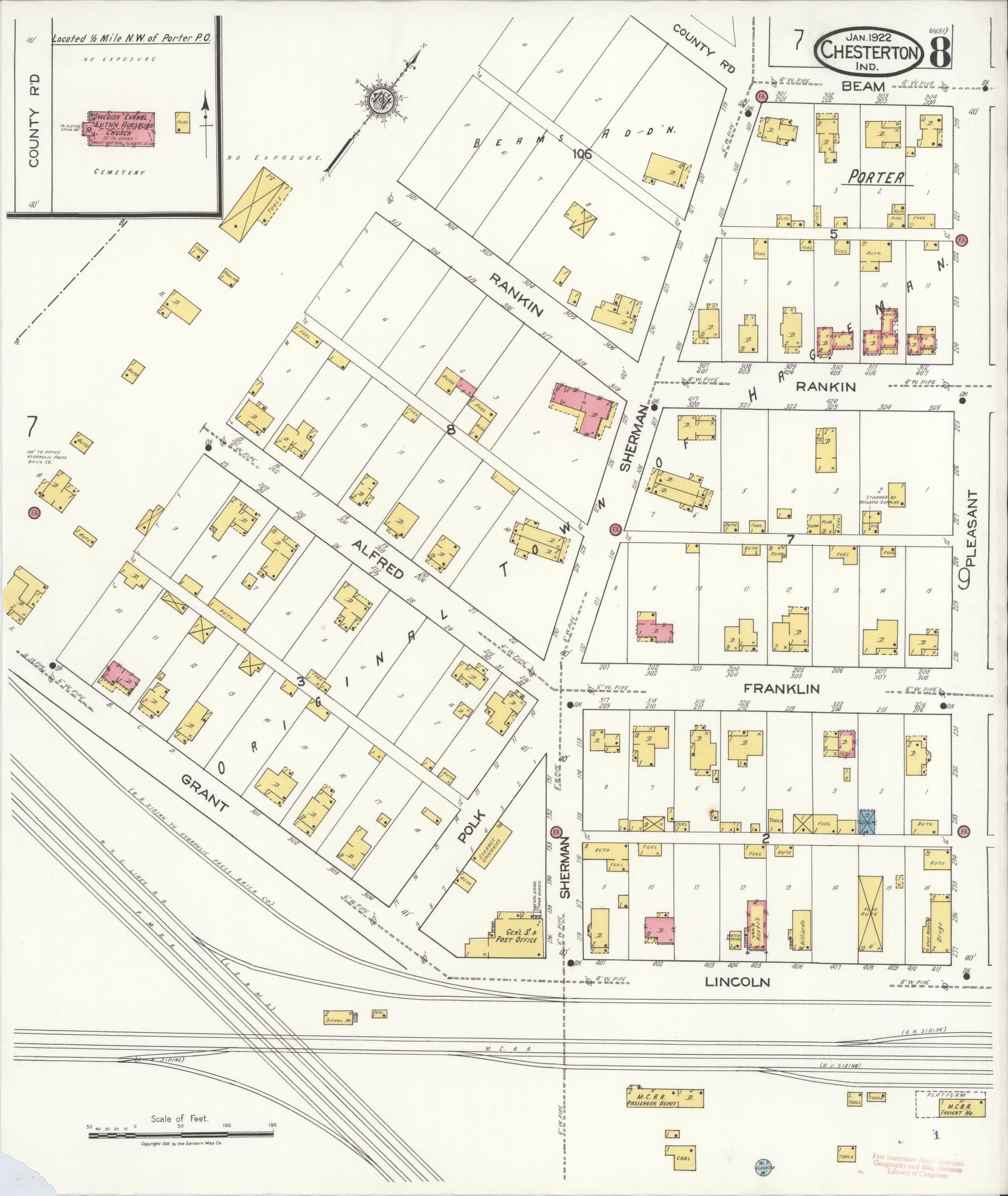 Sanborn Fire Insurance Map from Chesterton, Porter County, Indiana (1922), Sheet #0008 - Historic Sanborn Fire Insurance Map Print, vintage old map wall art, antique decor, genealogy gift, Indiana Indiana map