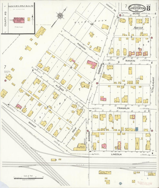 Sanborn Fire Insurance Map from Chesterton, Porter County, Indiana (1922), Sheet #0008 - Historic Sanborn Fire Insurance Map Print, vintage old map wall art, antique decor, genealogy gift, Indiana Indiana map