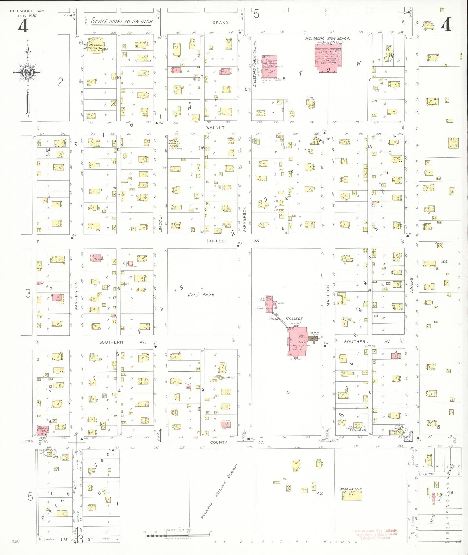 Sanborn Fire Insurance Map from Hillsboro, Marion County, Kansas (1937), Sheet #0004 - Historic Sanborn Fire Insurance Map Print, vintage old map wall art, antique decor, genealogy gift, Kansas Kansas map