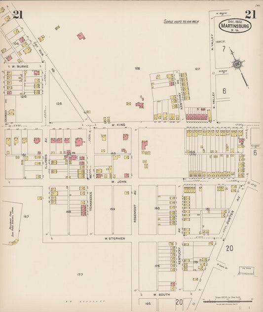 Sanborn Fire Insurance Map from Martinsburg, Berkeley County, West Virginia (1922), Sheet #0021 - Historic Sanborn Fire Insurance Map Print, vintage old map wall art, antique decor, genealogy gift, West Virginia West Virginia map
