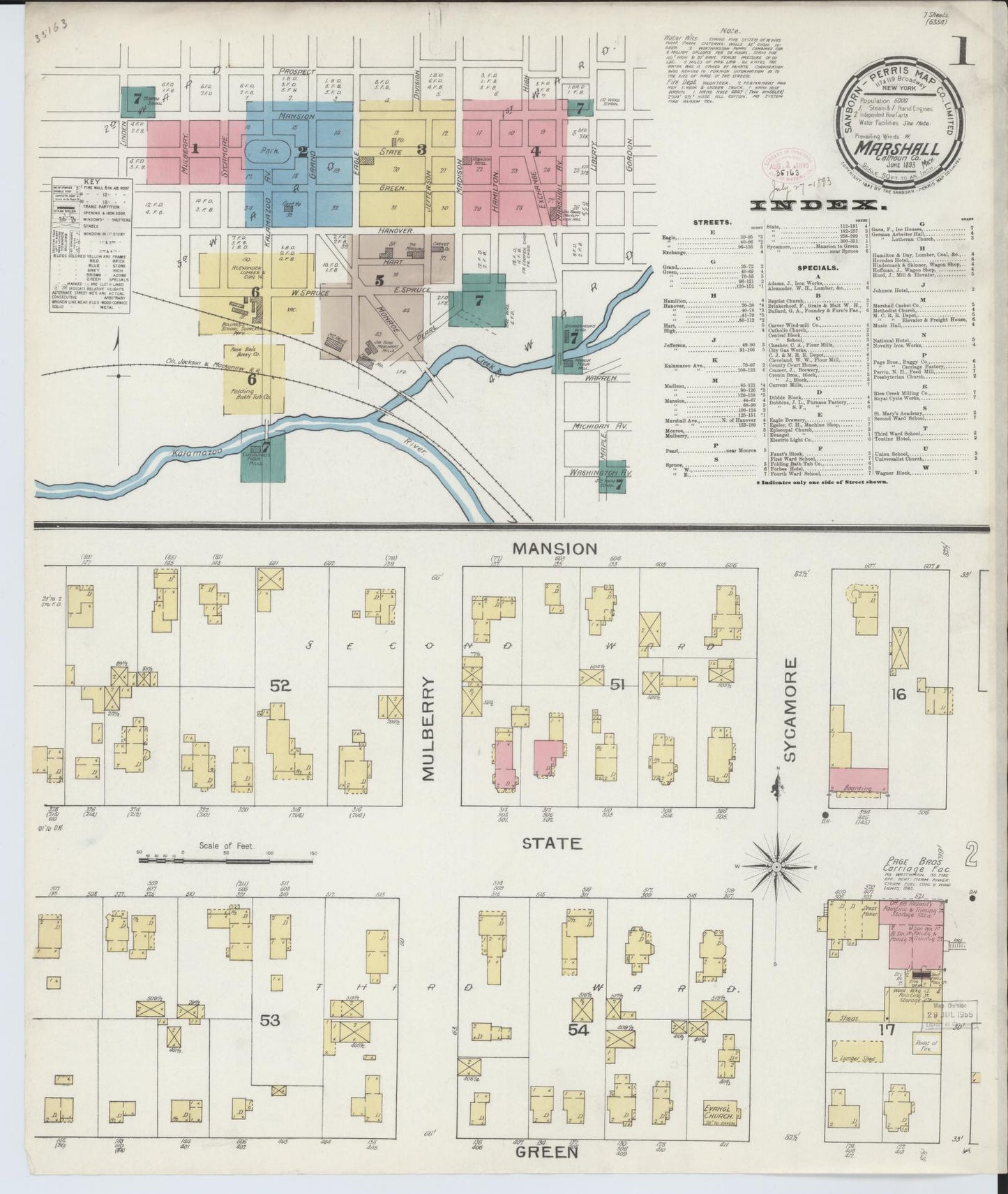 Sanborn Fire Insurance Map from Marshall, Calhoun County, Michigan (1893), Sheet #0001 - Complete Map Set gallery image, historic Sanborn map, vintage wall art, Michigan Michigan