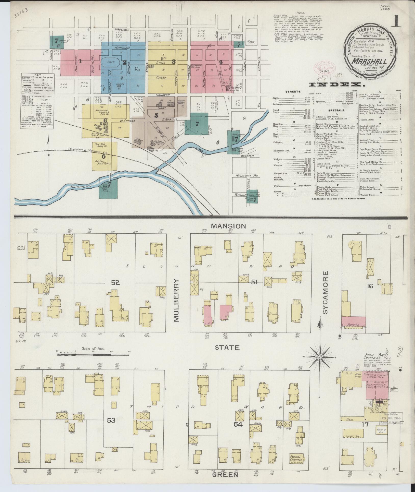 Sanborn Fire Insurance Map from Marshall, Calhoun County, Michigan (1893), Sheet #0001 - Complete Map Set gallery image, historic Sanborn map, vintage wall art, Michigan Michigan