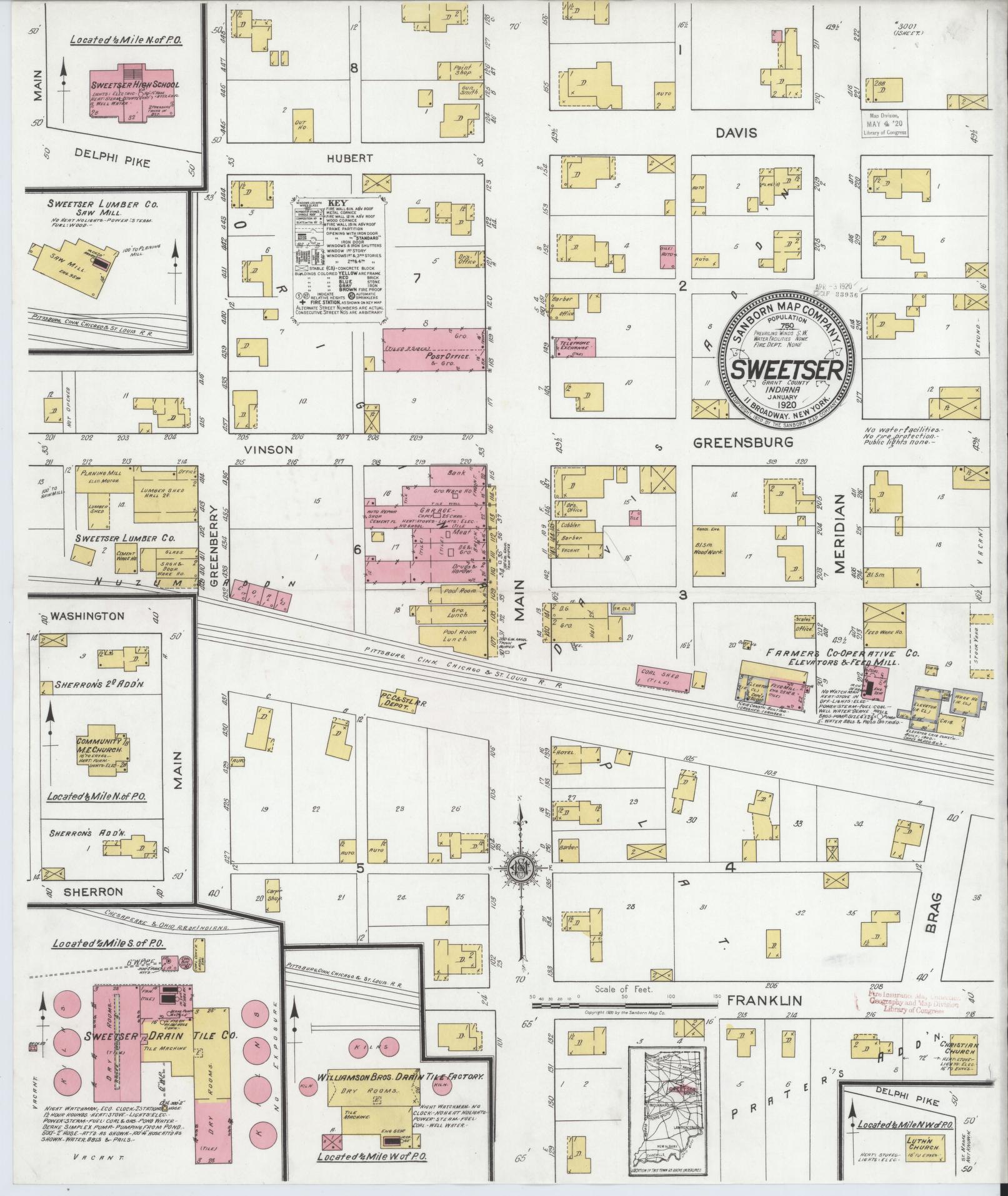 Sanborn Fire Insurance Map from Sweetser, Grant County, Indiana (1920), Sheet #0001 - Historic Sanborn Fire Insurance Map Print, vintage old map wall art, antique decor, genealogy gift, Indiana Indiana map