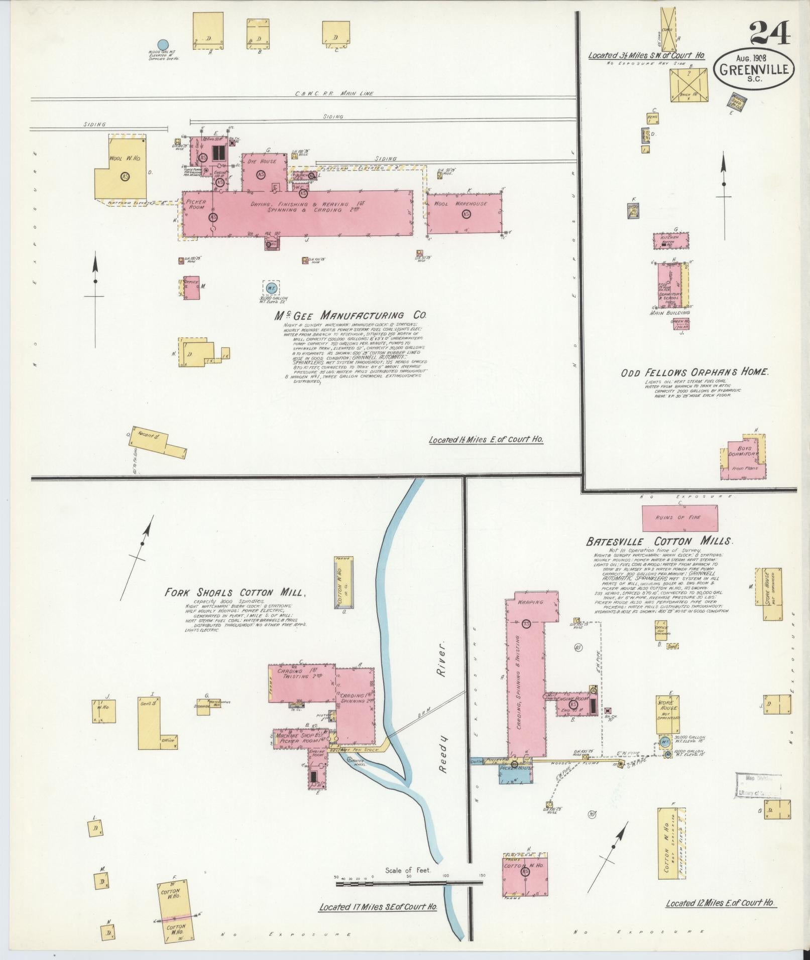 Sanborn Fire Insurance Map from Greenville, Greenville County, South Carolina (1908), Sheet #0024 - Complete Map Set gallery image, historic Sanborn map, vintage wall art, South Carolina South Carolina