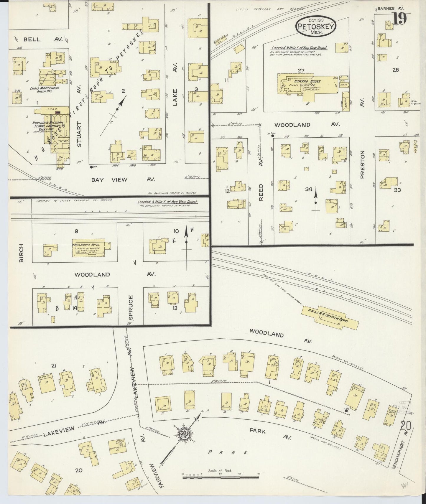 Sanborn Fire Insurance Map from Petoskey, Emmet County, Michigan (1913), Sheet #0019 - Complete Map Set gallery image, historic Sanborn map, vintage wall art, Michigan Michigan
