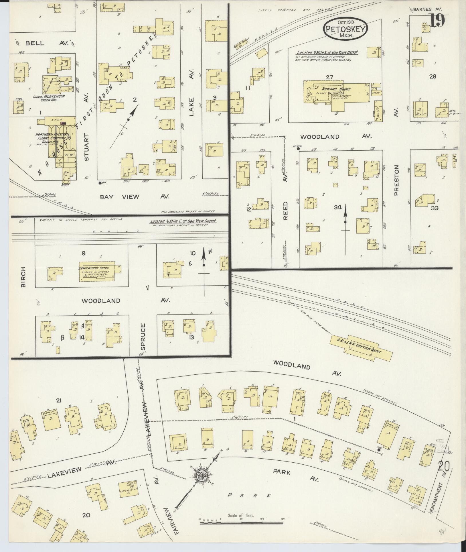 Sanborn Fire Insurance Map from Petoskey, Emmet County, Michigan (1913), Sheet #0019 - Complete Map Set gallery image, historic Sanborn map, vintage wall art, Michigan Michigan