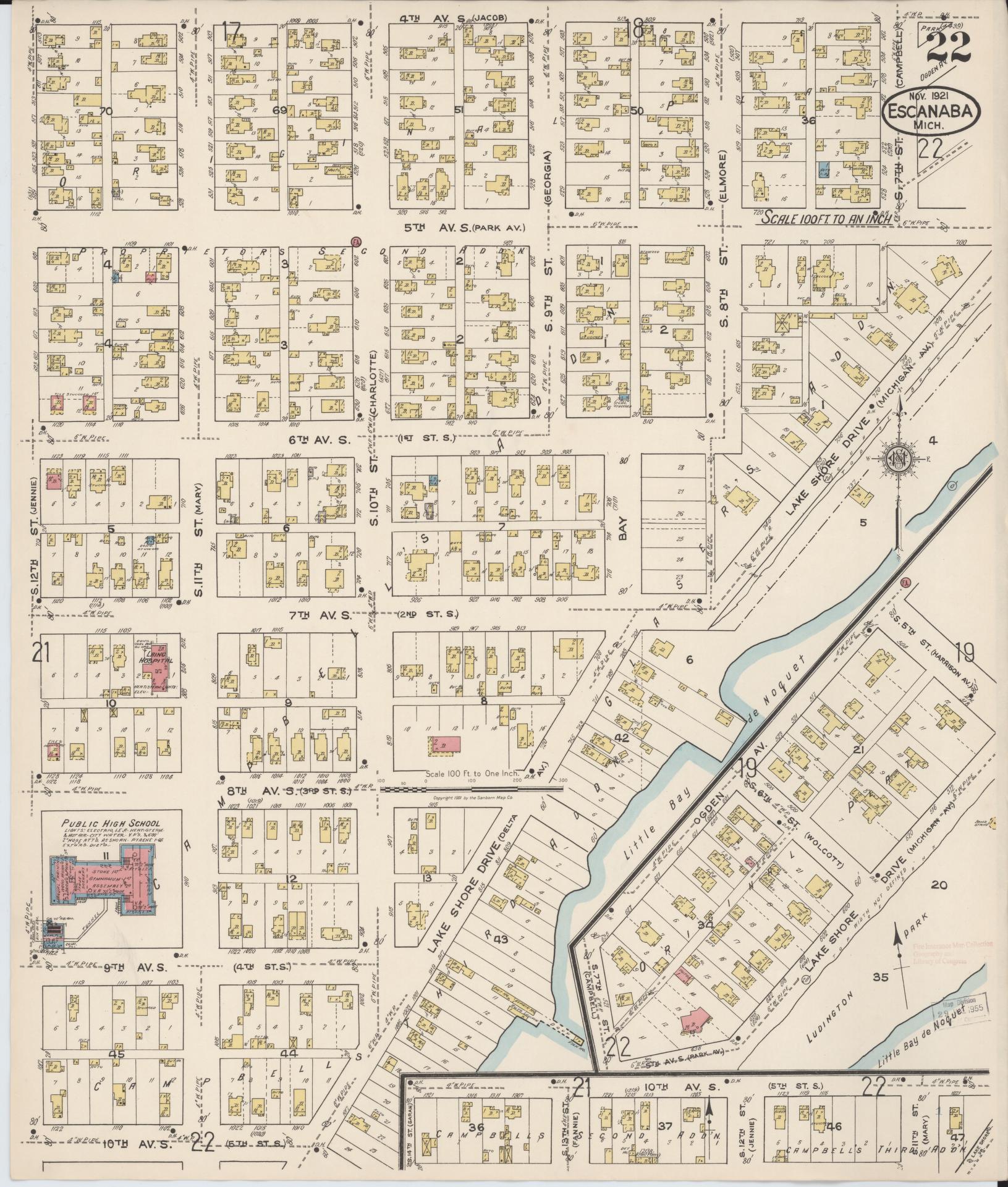 Sanborn Fire Insurance Map from Escanaba, Delta County, Michigan (1921), Sheet #0022 - Complete Map Set gallery image, historic Sanborn map, vintage wall art, Michigan Michigan
