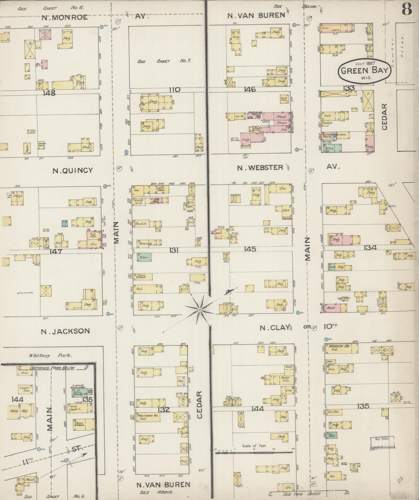 Sanborn Fire Insurance Map from Green Bay, Brown County, Wisconsin (1887), Sheet #0008 - Complete Map Set gallery image, historic Sanborn map, vintage wall art, Wisconsin Wisconsin