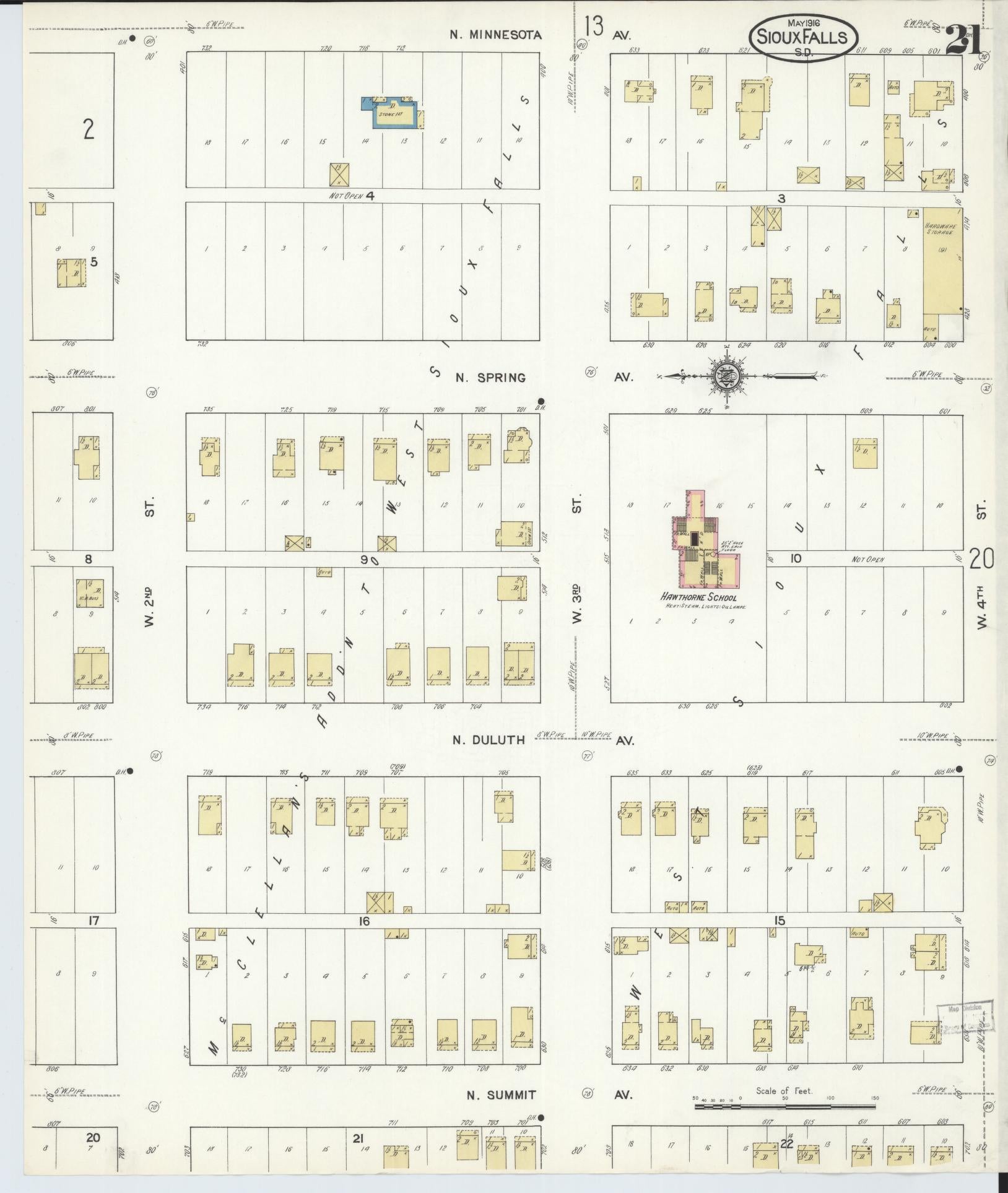 Sanborn Fire Insurance Map from Sioux Falls, Minnehaha County, South Dakota (1916), Sheet #0021 - Historic Sanborn Fire Insurance Map Print, vintage old map wall art, antique decor, genealogy gift, South Dakota South Dakota map