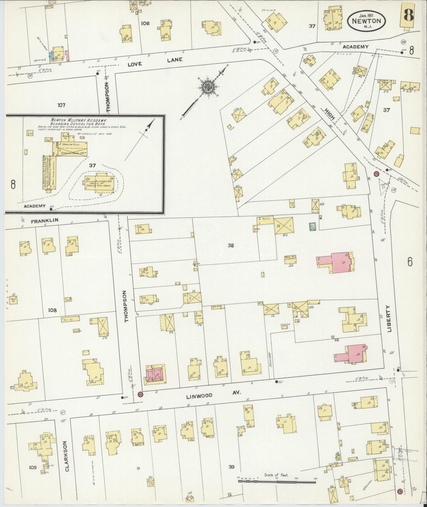 Sanborn Fire Insurance Map from Newton, Sussex County, New Jersey (1911), Sheet #0008 - Historic Sanborn Fire Insurance Map Print, vintage old map wall art, antique decor, genealogy gift, New Jersey New Jersey map