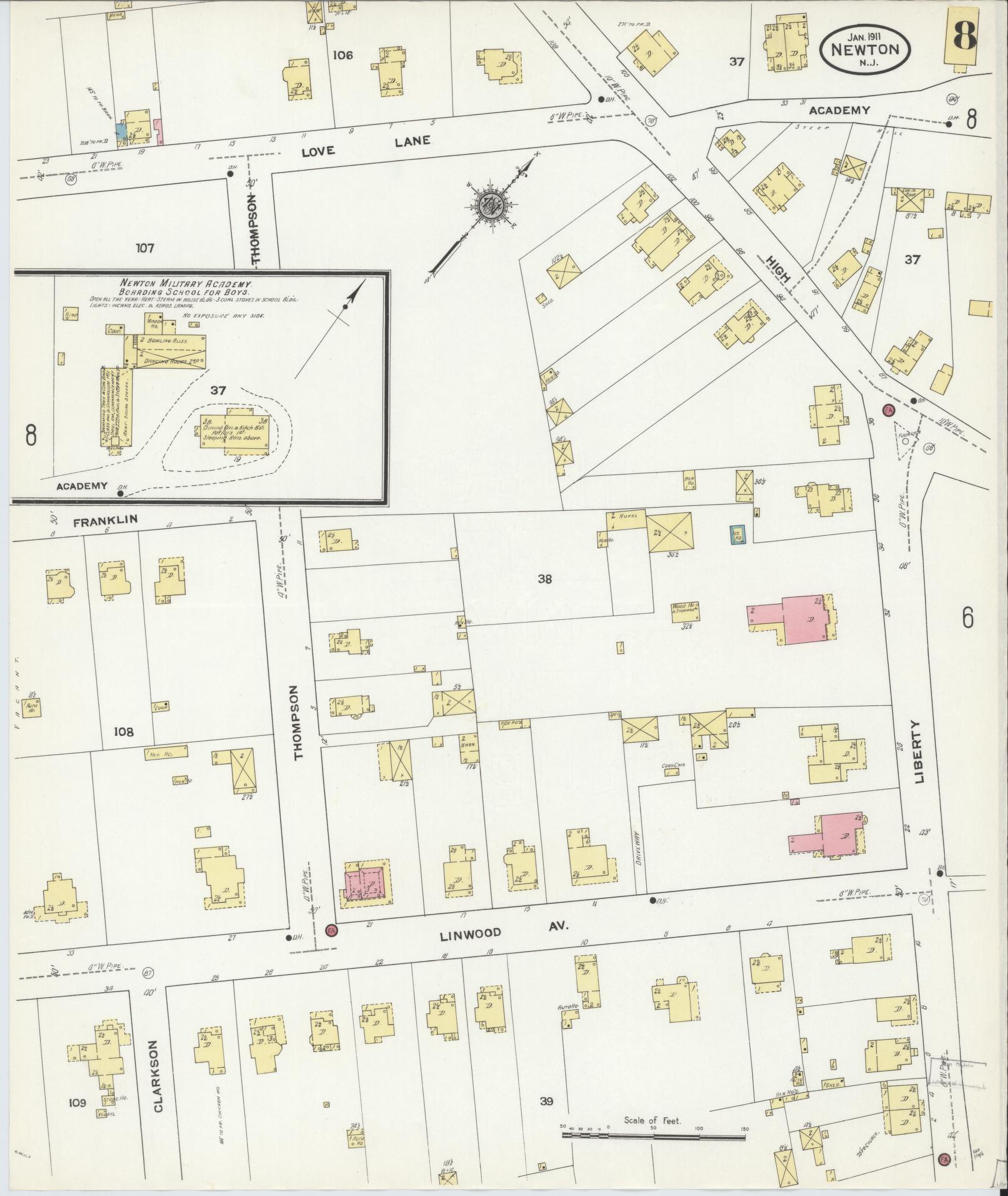 Sanborn Fire Insurance Map from Newton, Sussex County, New Jersey (1911), Sheet #0008 - Historic Sanborn Fire Insurance Map Print, vintage old map wall art, antique decor, genealogy gift, New Jersey New Jersey map