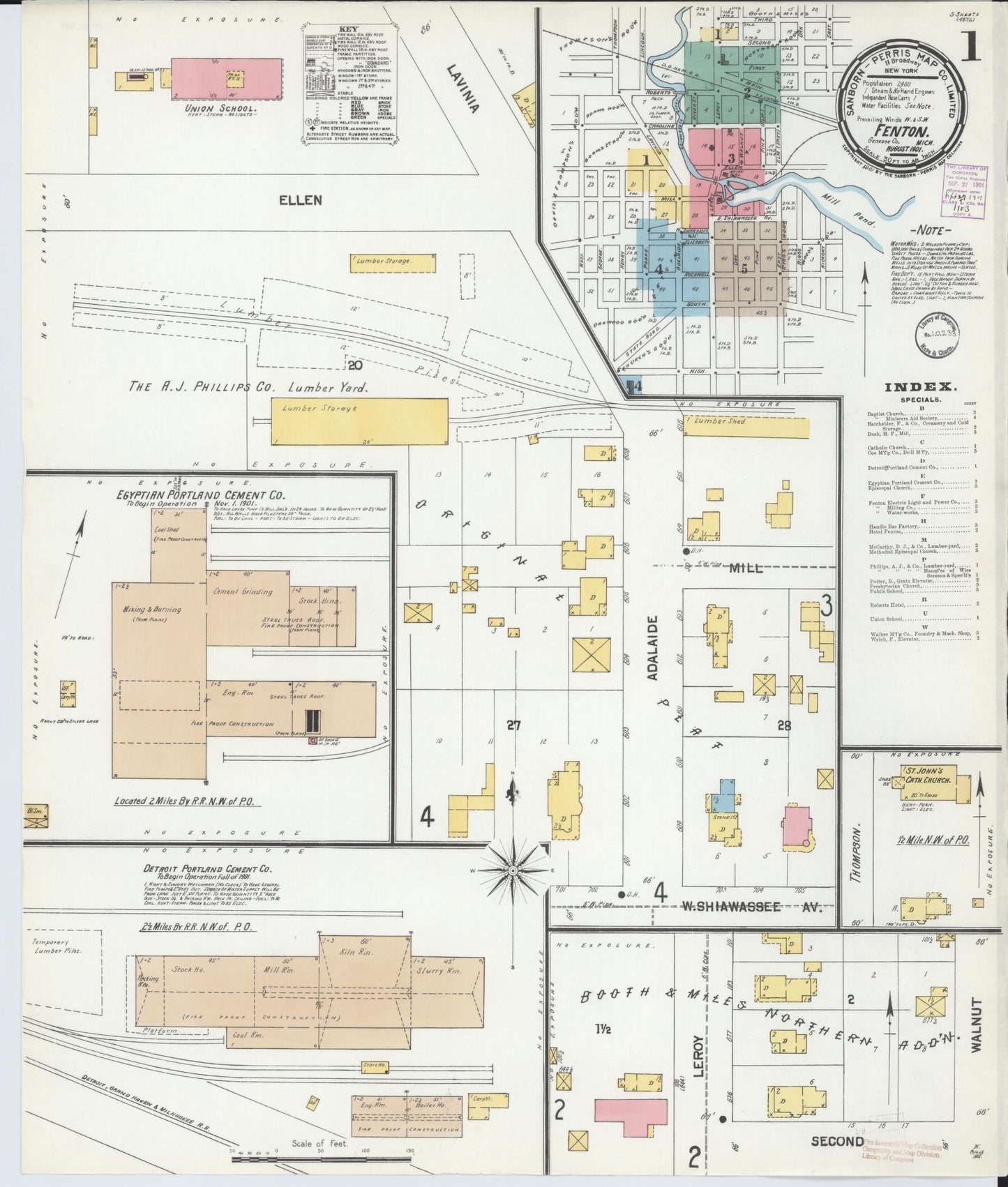 Sanborn Fire Insurance Map from Fenton, Genesee County, Michigan (1901), Sheet #0001 - Complete Map Set gallery image, historic Sanborn map, vintage wall art, Michigan Michigan