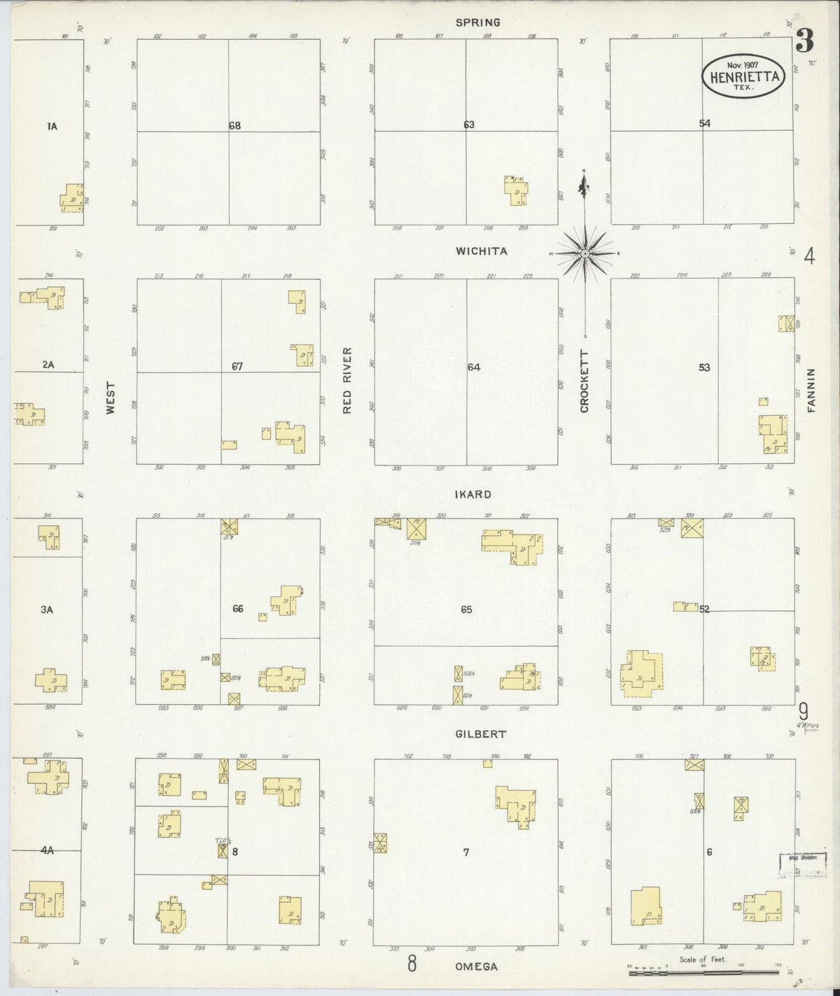 Sanborn Fire Insurance Map from Henrietta, Clay County, Texas (1907), Sheet #0003 - Complete Map Set gallery image, historic Sanborn map, vintage wall art, Texas Texas