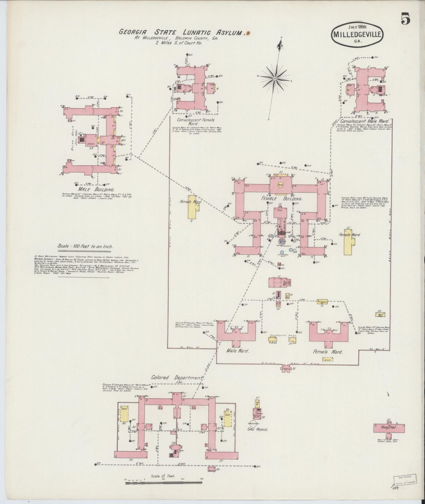 Sanborn Fire Insurance Map from Milledgeville, Baldwin County, Georgia (1895), Sheet #0005 - Historic Sanborn Fire Insurance Map Print, vintage old map wall art, antique decor, genealogy gift, Georgia Georgia map