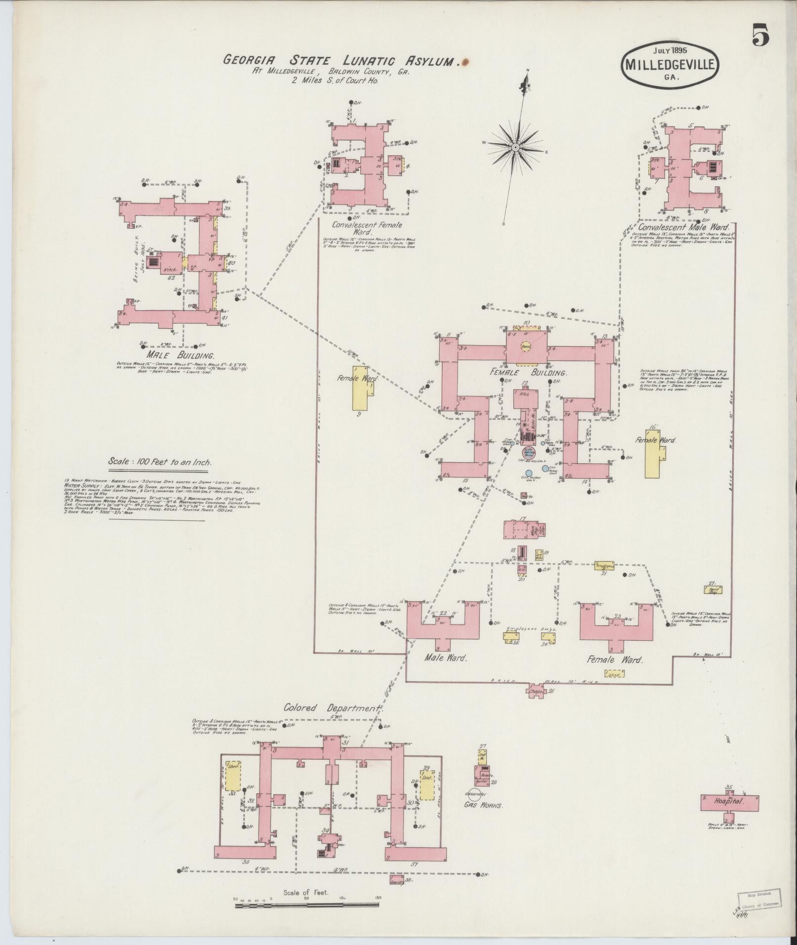 Sanborn Fire Insurance Map from Milledgeville, Baldwin County, Georgia (1895), Sheet #0005 - Historic Sanborn Fire Insurance Map Print, vintage old map wall art, antique decor, genealogy gift, Georgia Georgia map