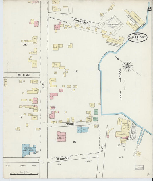 Dorchester, Maryland - 1891 - Sanborn Fire Insurance Map, Sheet #0002 - Historic Sanborn Fire Insurance Map Print, Dorchester Maryland 1891 0002 vintage old map wall art