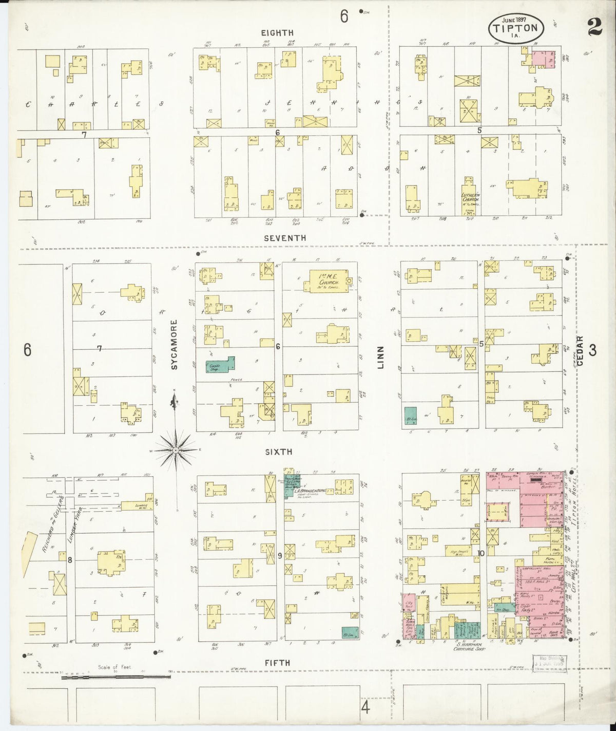 Sanborn Fire Insurance Map from Tipton, Cedar County, Iowa (1897), Sheet #0002 - Historic Sanborn Fire Insurance Map Print, vintage old map wall art