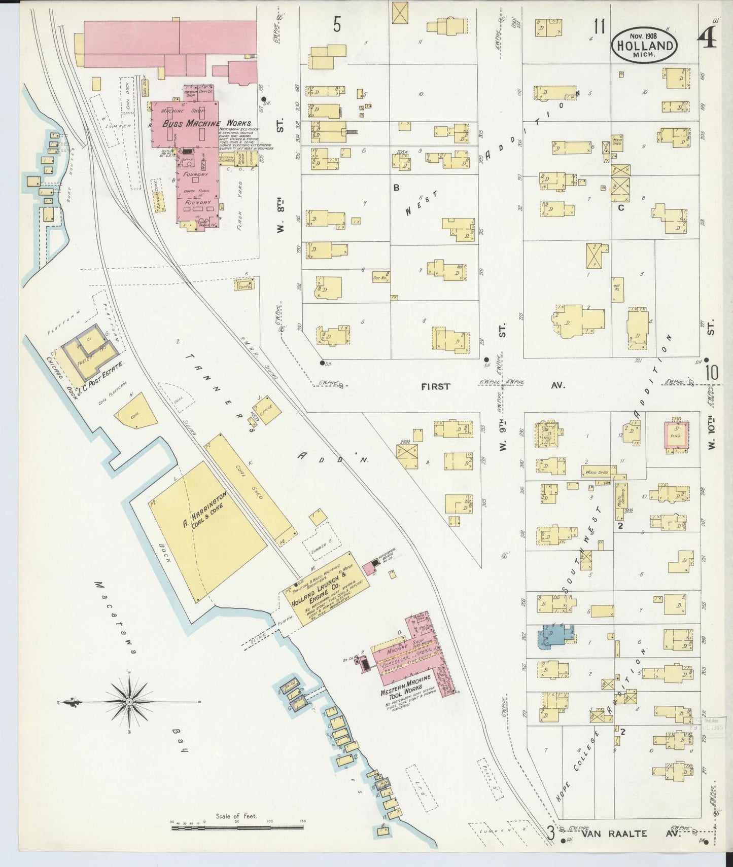 Sanborn Fire Insurance Map from Holland, Ottawa County, Michigan (1908), Sheet #0004 - Complete Map Set gallery image, historic Sanborn map, vintage wall art, Michigan Michigan