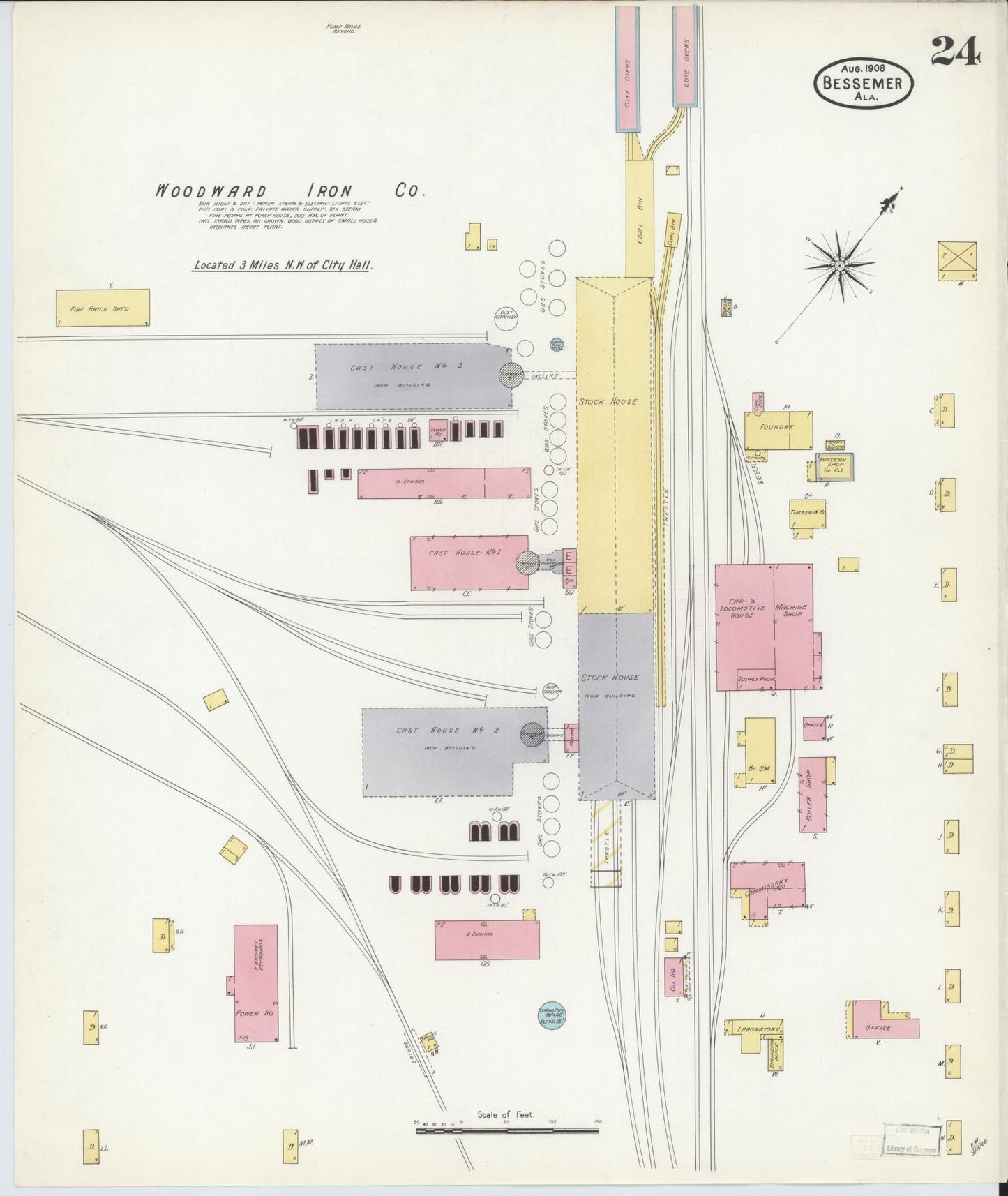 Sanborn Fire Insurance Map from Bessemer, Jefferson County, Alabama (1908), Sheet #0024 - Historic Sanborn Fire Insurance Map Print, vintage old map wall art, antique decor, genealogy gift, Alabama Alabama map