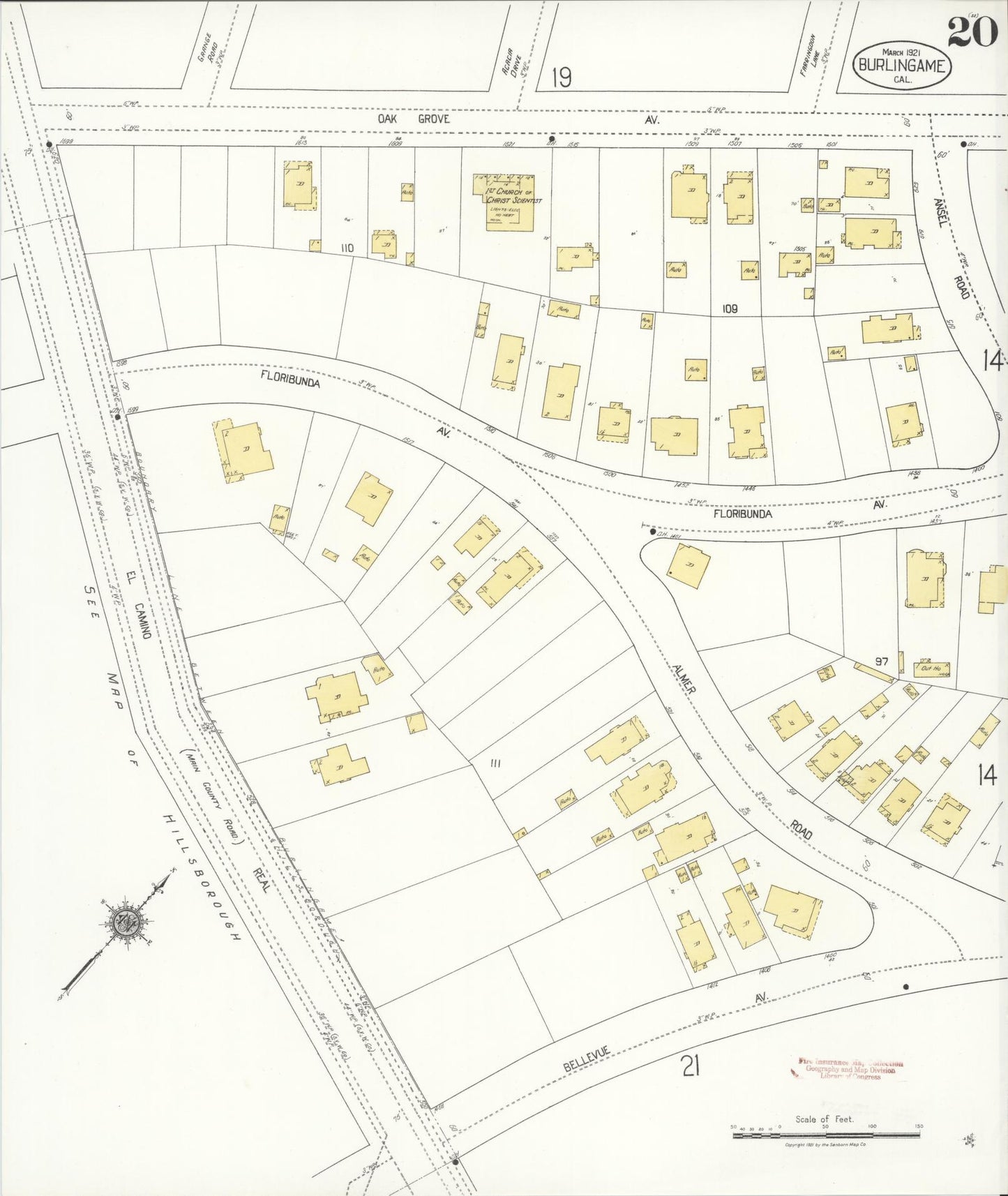 Sanborn Fire Insurance Map from Burlingame, San Mateo County, California (1921), Sheet #0020 - Complete Map Set gallery image, historic Sanborn map, vintage wall art, California California