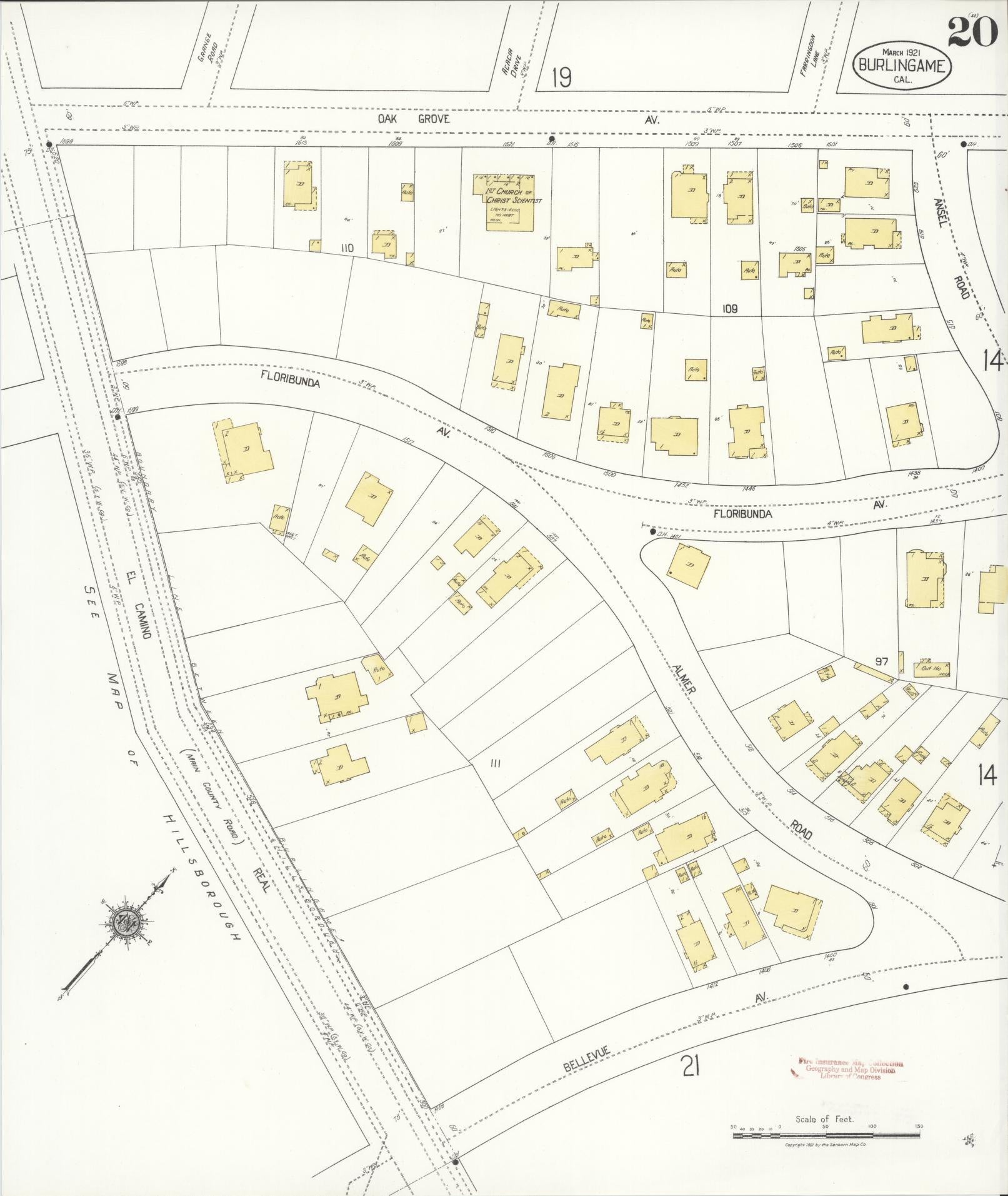 Sanborn Fire Insurance Map from Burlingame, San Mateo County, California (1921), Sheet #0020 - Complete Map Set gallery image, historic Sanborn map, vintage wall art, California California