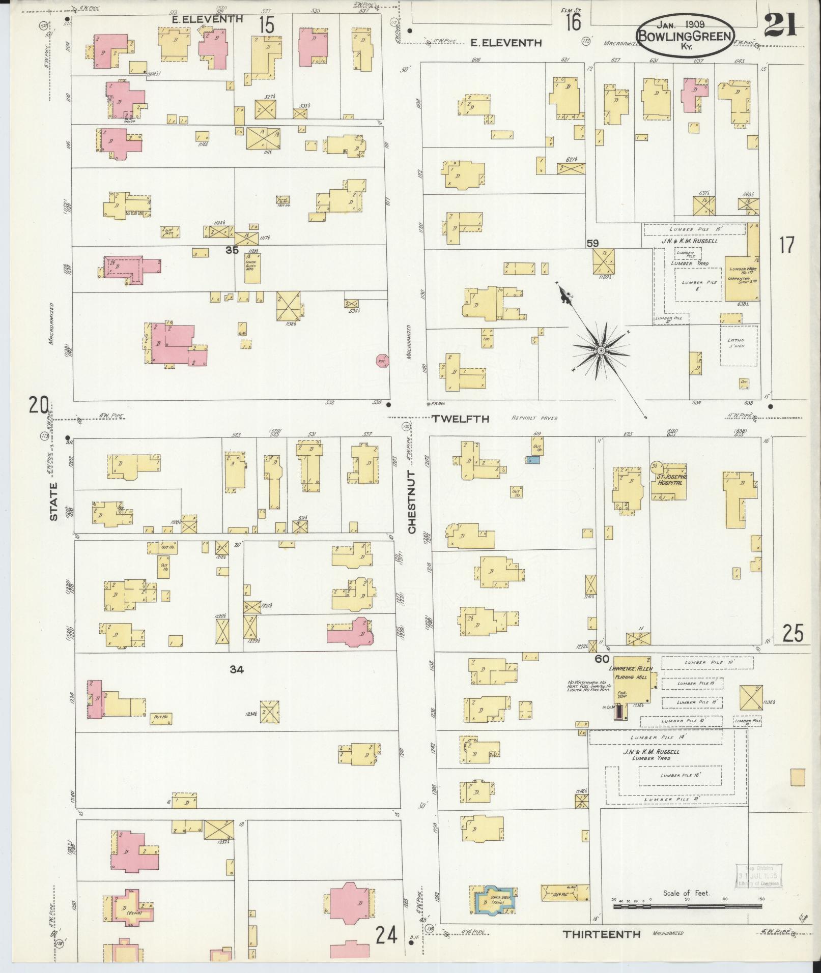 Sanborn Fire Insurance Map from Bowling Green, Warren County, Kentucky (1909), Sheet #0021 - Complete Map Set gallery image, historic Sanborn map, vintage wall art, Kentucky Kentucky