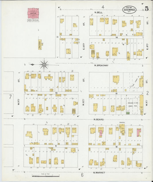 Sanborn Fire Insurance Map from Shawnee, Pottawatomie County, Oklahoma (1901), Sheet #0005 - Historic Sanborn Fire Insurance Map Print, vintage old map wall art, antique decor, genealogy gift, Oklahoma Oklahoma map