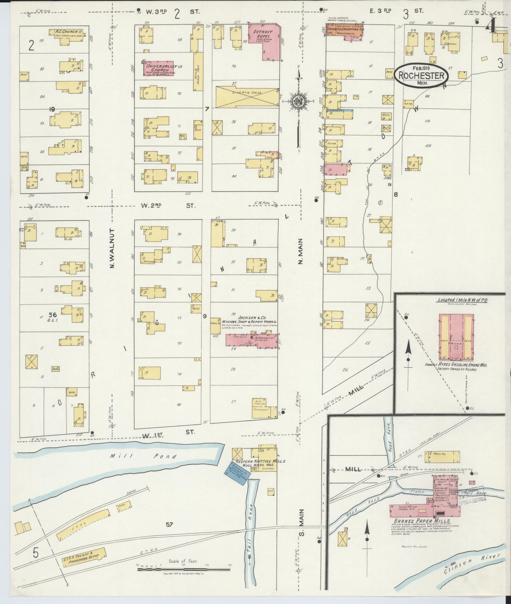 Sanborn Fire Insurance Map from Rochester, Oakland County, Michigan (1919), Sheet #0004 - Complete Map Set gallery image, historic Sanborn map, vintage wall art, Michigan Michigan