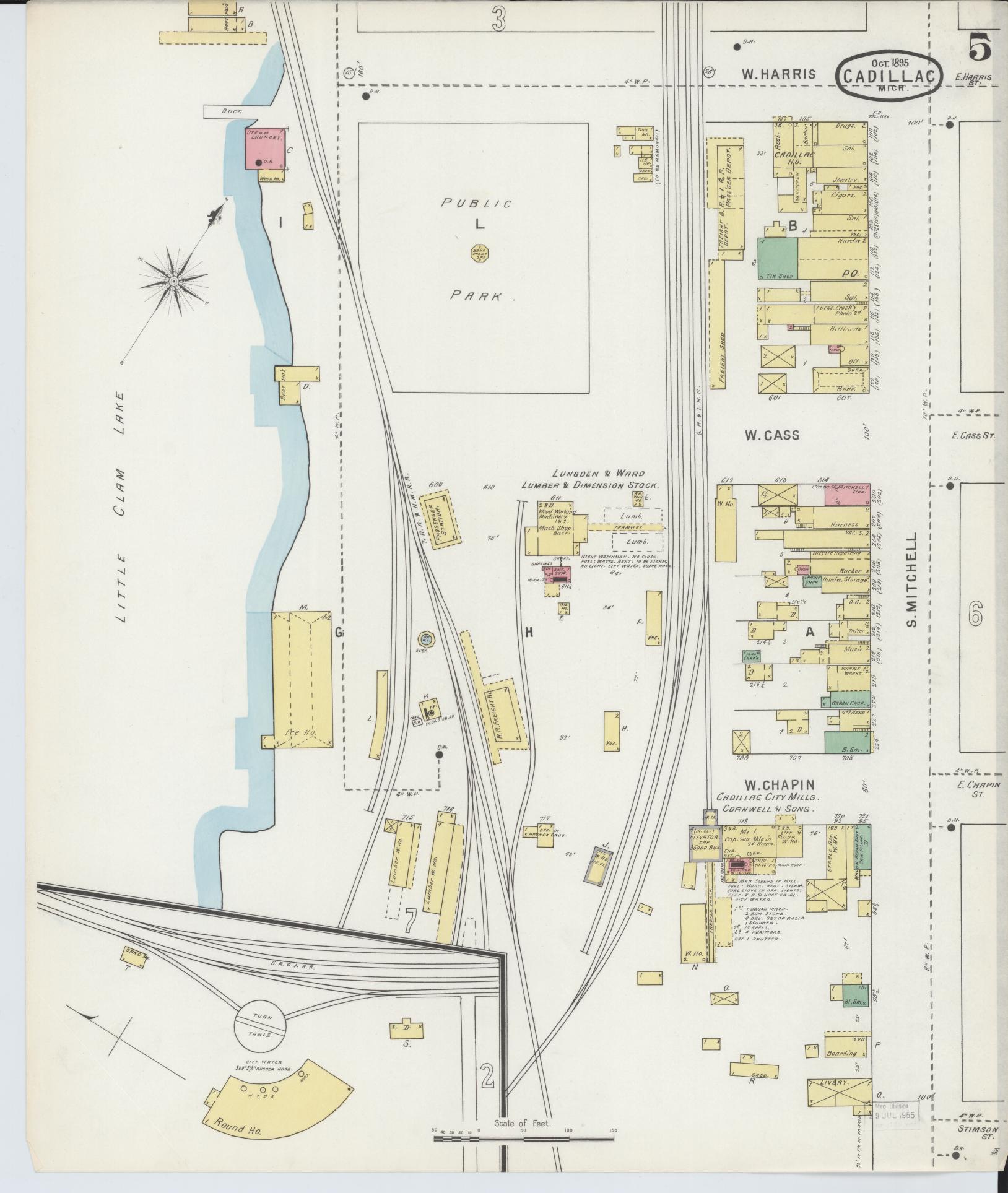 Sanborn Fire Insurance Map from Cadillac, Wexford County, Michigan (1895), Sheet #0005 - Complete Map Set gallery image, historic Sanborn map, vintage wall art, Michigan Michigan