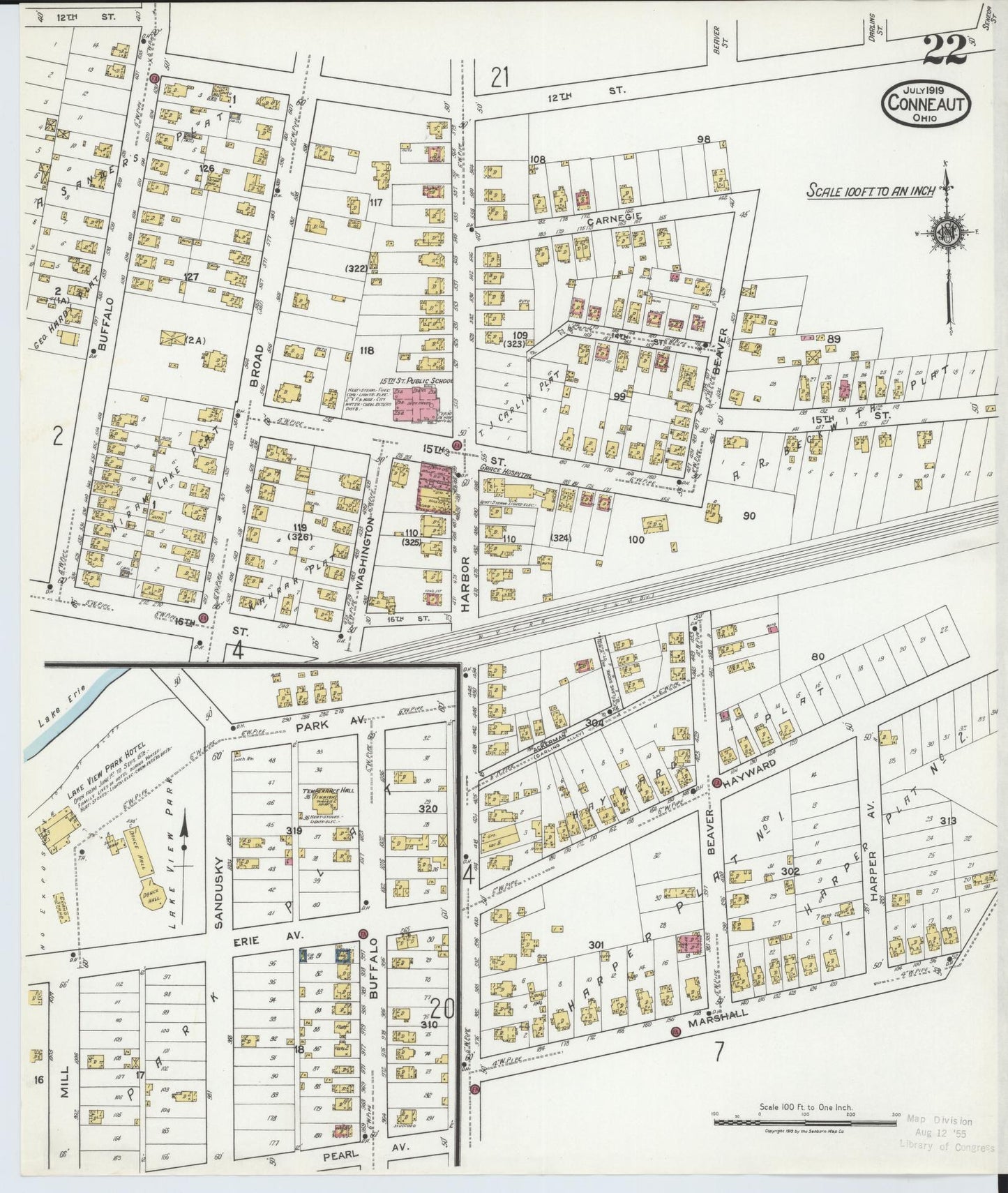 Sanborn Fire Insurance Map from Conneaut, Ashtabula County, Ohio (1919), Sheet #0022 - Historic Sanborn Fire Insurance Map Print, vintage old map wall art, antique decor, genealogy gift, Ohio Ohio map
