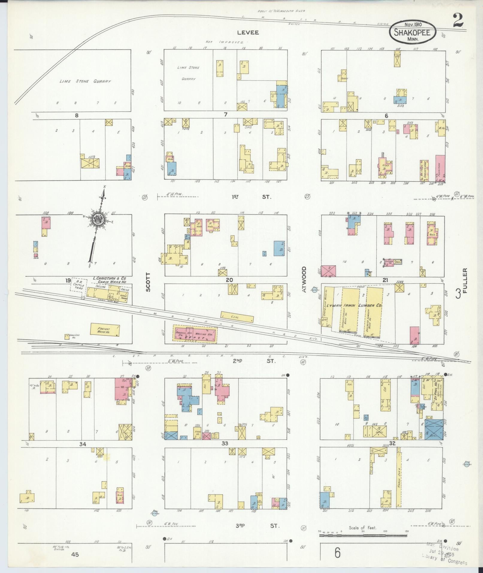 Sanborn Fire Insurance Map from Shakopee, Scott County, Minnesota (1910), Sheet #0002 - Historic Sanborn Fire Insurance Map Print, vintage old map wall art, antique decor, genealogy gift, Minnesota Minnesota map