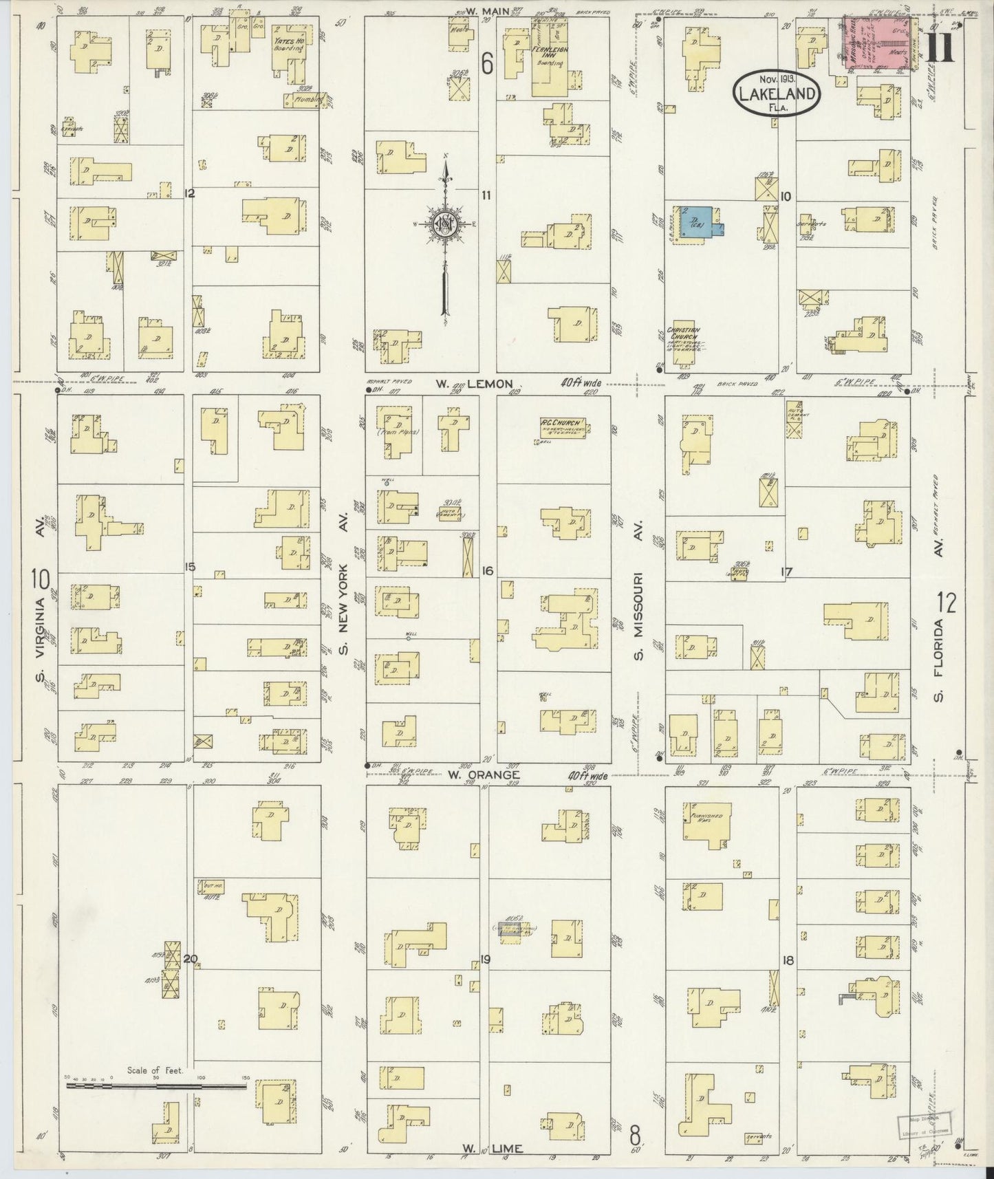 Sanborn Fire Insurance Map from Lakeland, Polk County, Florida (1913), Sheet #0011 - Complete Map Set gallery image, historic Sanborn map, vintage wall art, Florida Florida